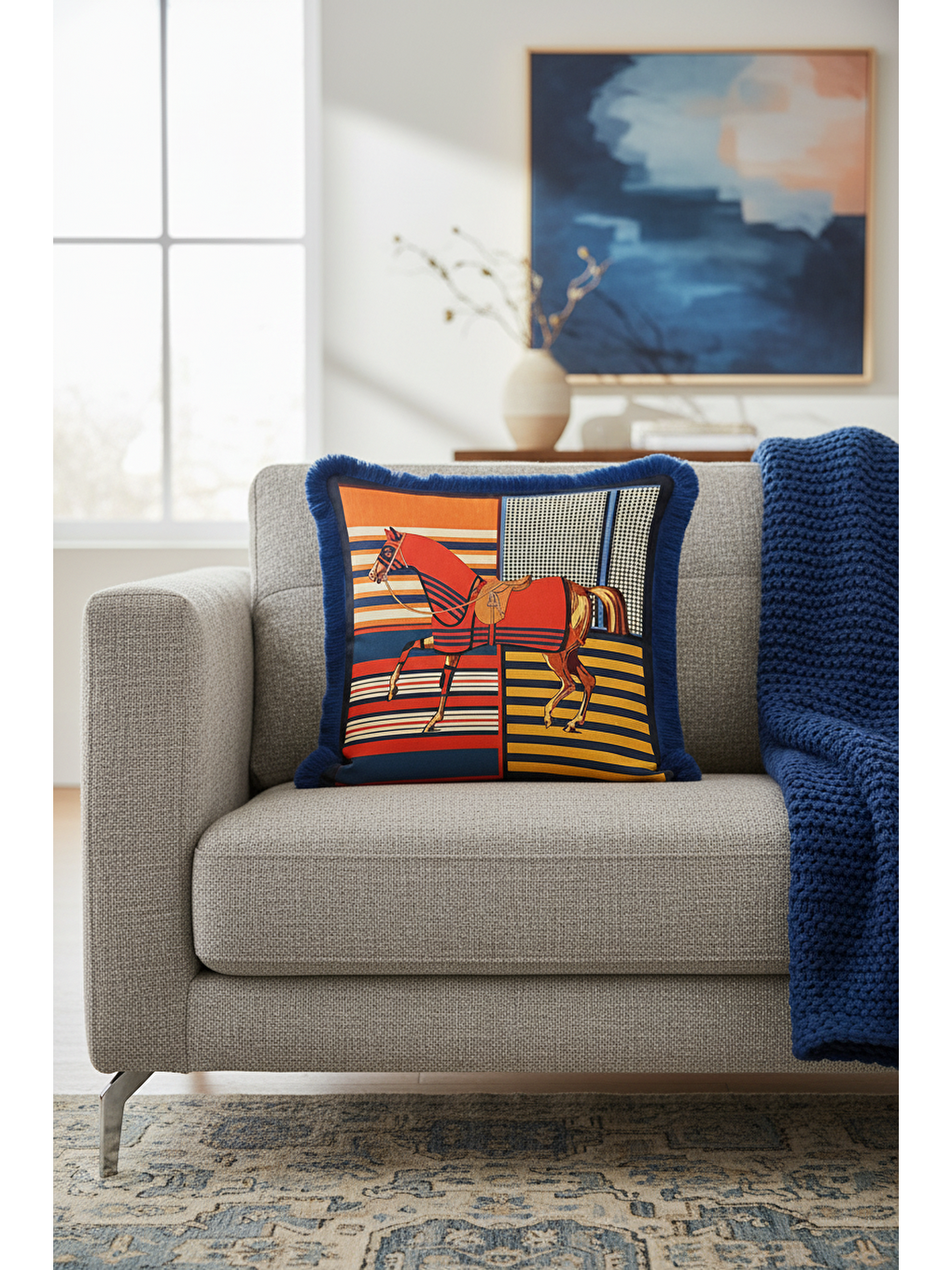 Karışık Büyük At Figürlü Saçaklı Yastık Kılıfı-Canlı Lüks Eklektik Temalı Lacivert Püsküllü Kırlent Kılıfı-3