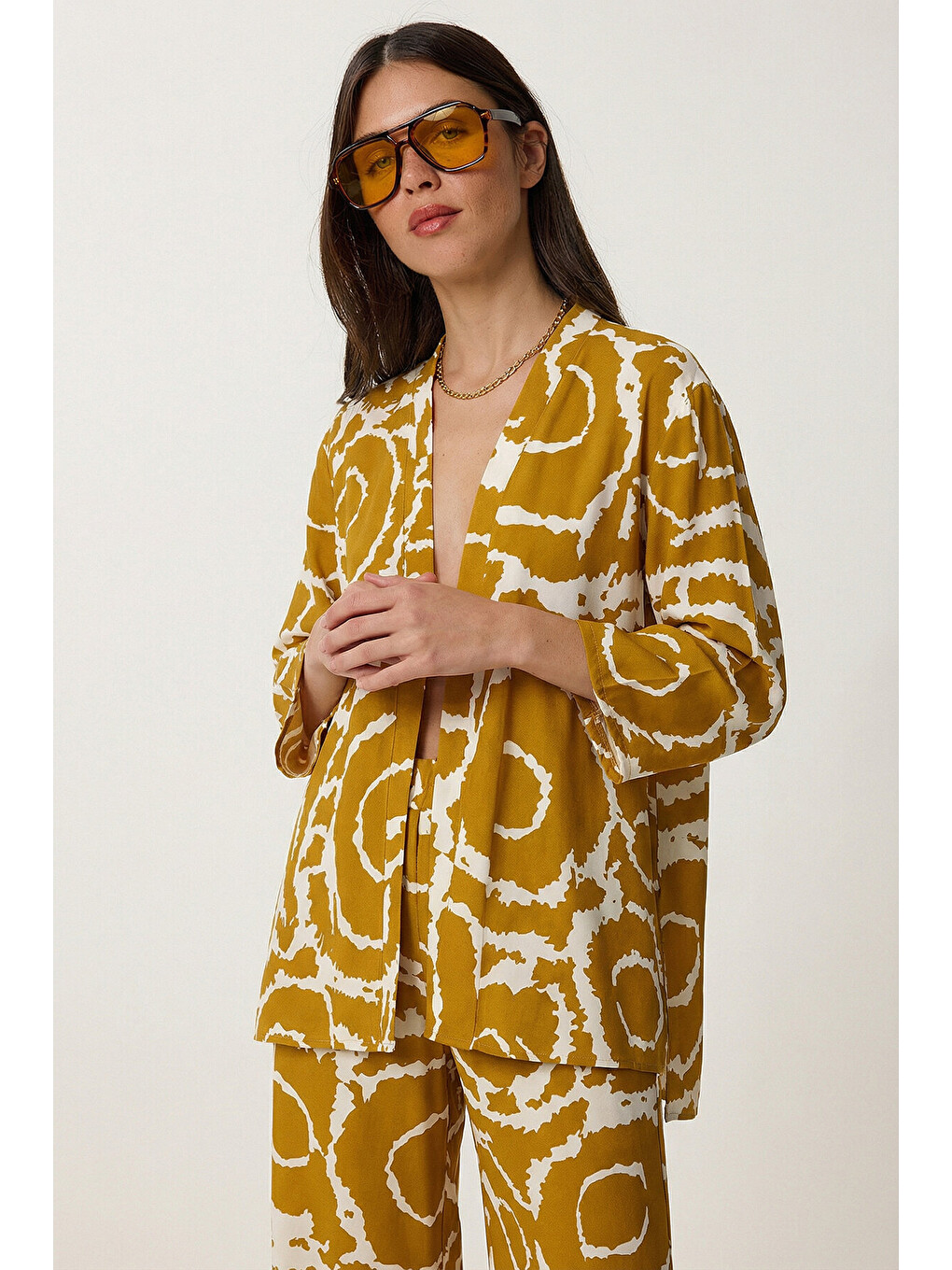 Lila Desenli Yazlık Viskon Kimono Pantolon Takım HARDAL KEMİK LRN0013-3