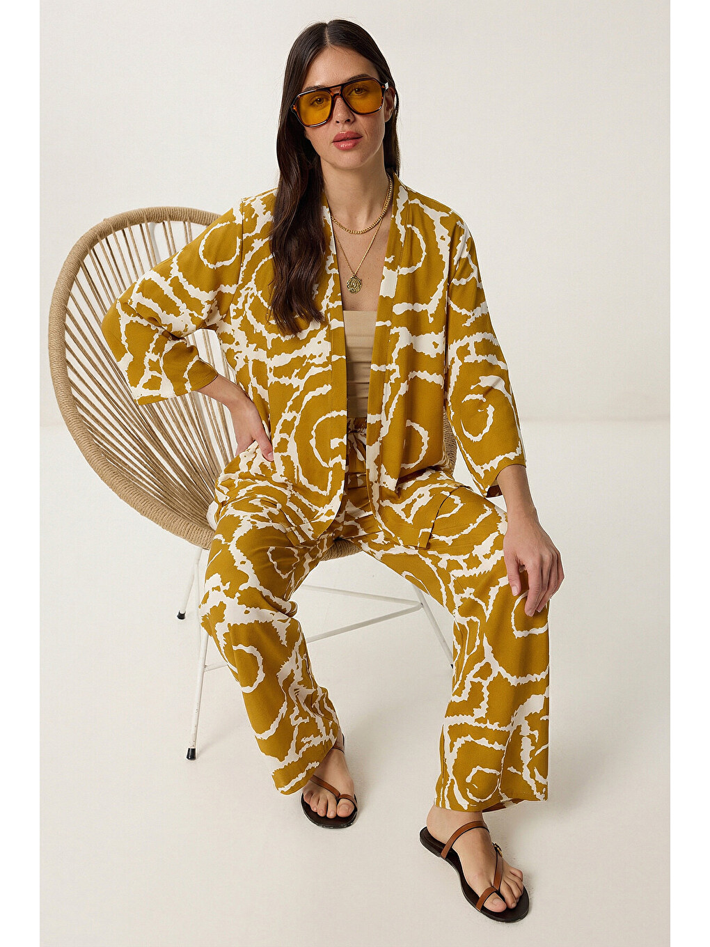 Lila Desenli Yazlık Viskon Kimono Pantolon Takım HARDAL KEMİK LRN0013-4
