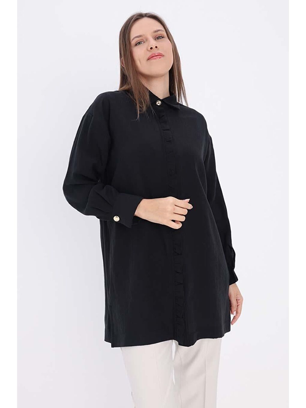 Siyah-Fırfırlı Gömlek Tunik