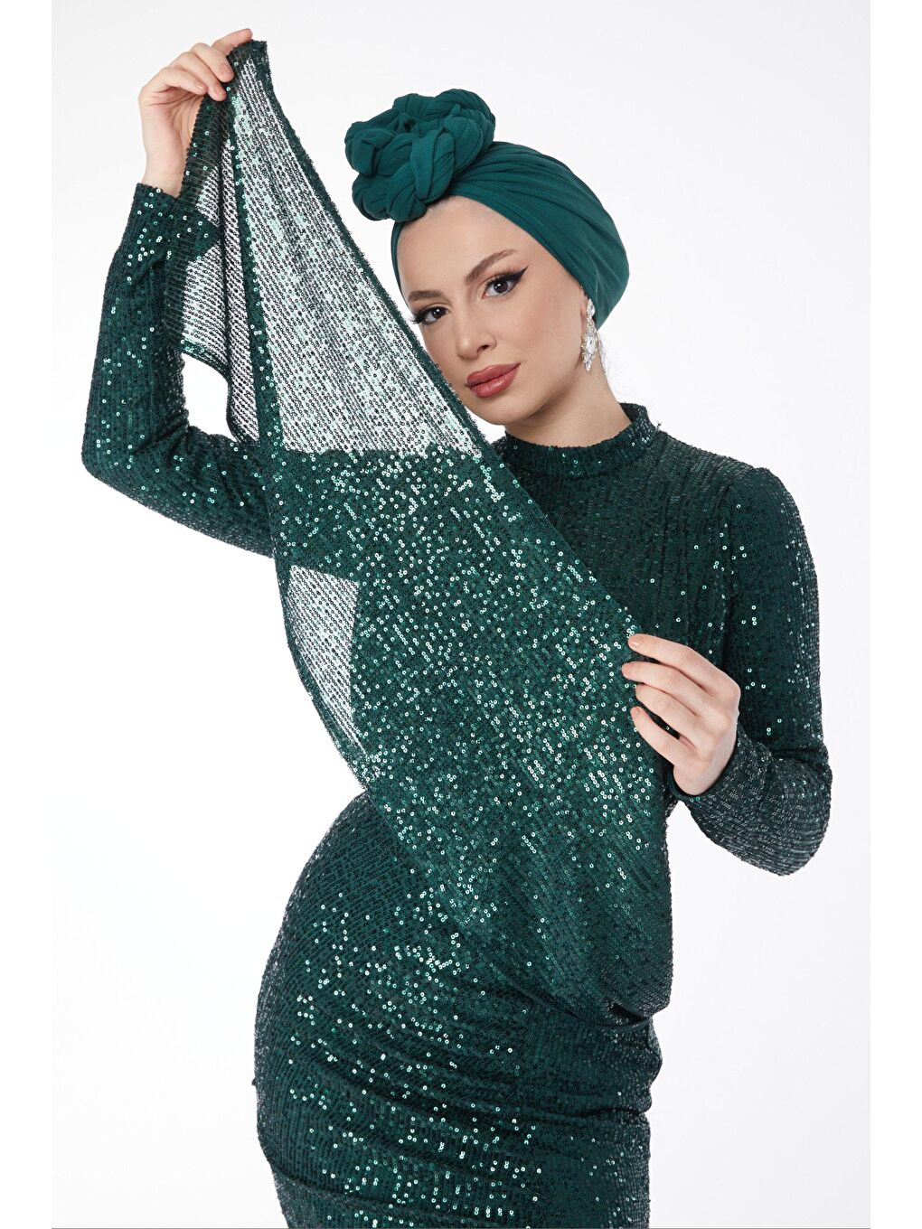 Düz Hakim Yaka Kadın Yeşil Payetli Abiye Elbise - 24598