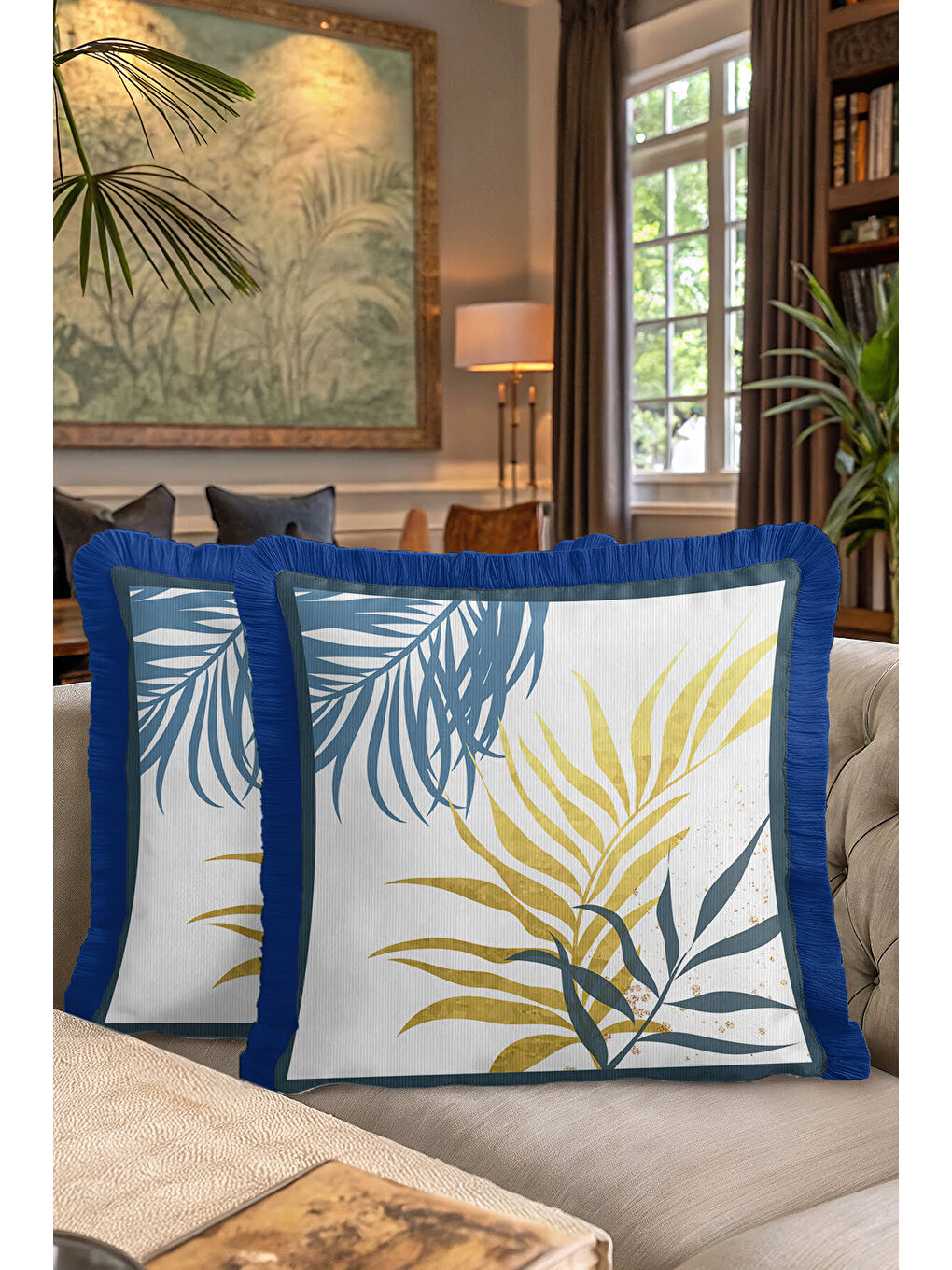 Karışık Tropikal Yapraklı Saçaklı Yastık Kılıfı - Doğal Bohem Mavi Altın Renkli Püsküllü Kırlent Kılıfı-7