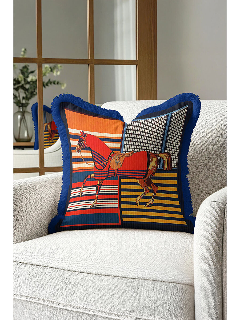 Karışık Büyük At Figürlü Saçaklı Yastık Kılıfı-Canlı Lüks Eklektik Temalı Lacivert Püsküllü Kırlent Kılıfı-4