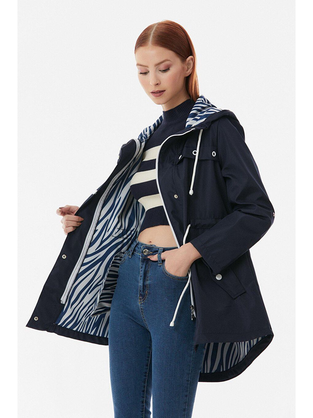 Lacivert Kolu Katlamalı  Kapüşonlu Trençkot-1