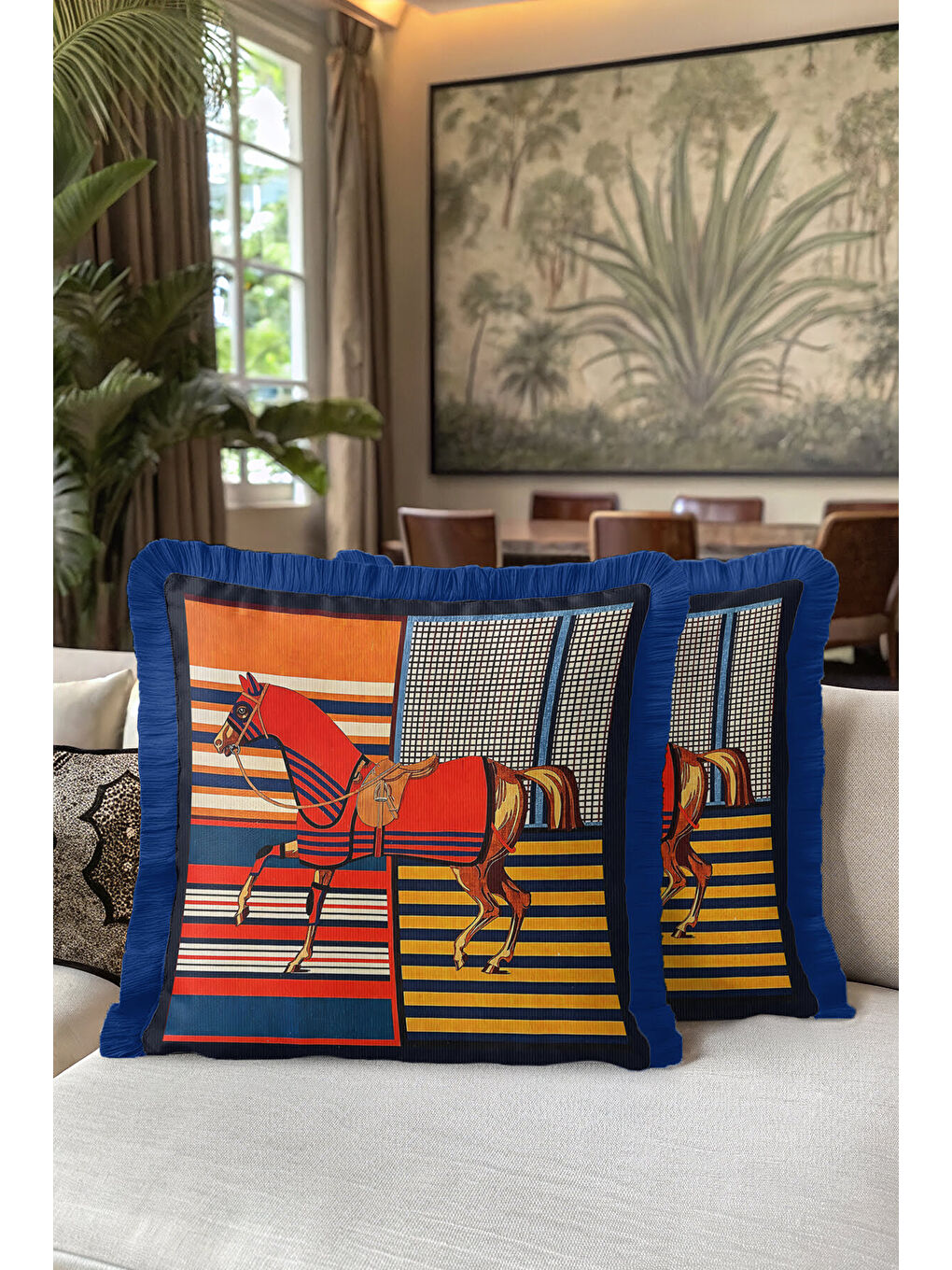 Karışık Büyük At Figürlü Saçaklı Yastık Kılıfı-Canlı Lüks Eklektik Temalı Lacivert Püsküllü Kırlent Kılıfı-5