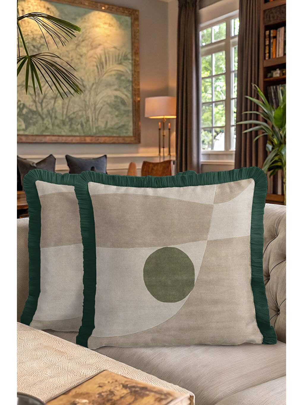 Karışık Modern Geometrik Saçaklı Yastık Kılıfı - Minimalist Doğal Yeşil Rustik Püsküllü Kırlent Kılıfı-7