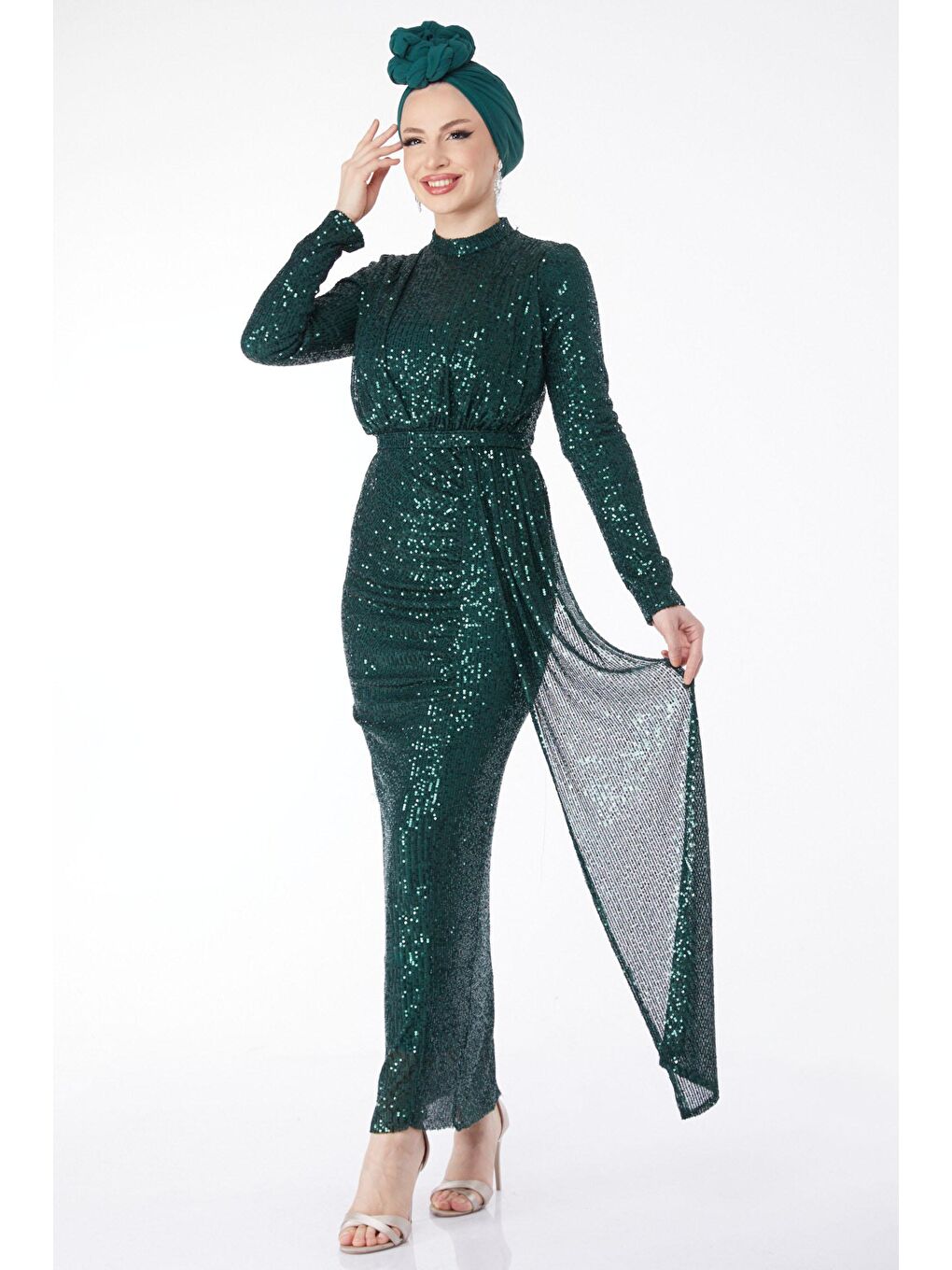 Düz Hakim Yaka Kadın Yeşil Payetli Abiye Elbise - 24598-1