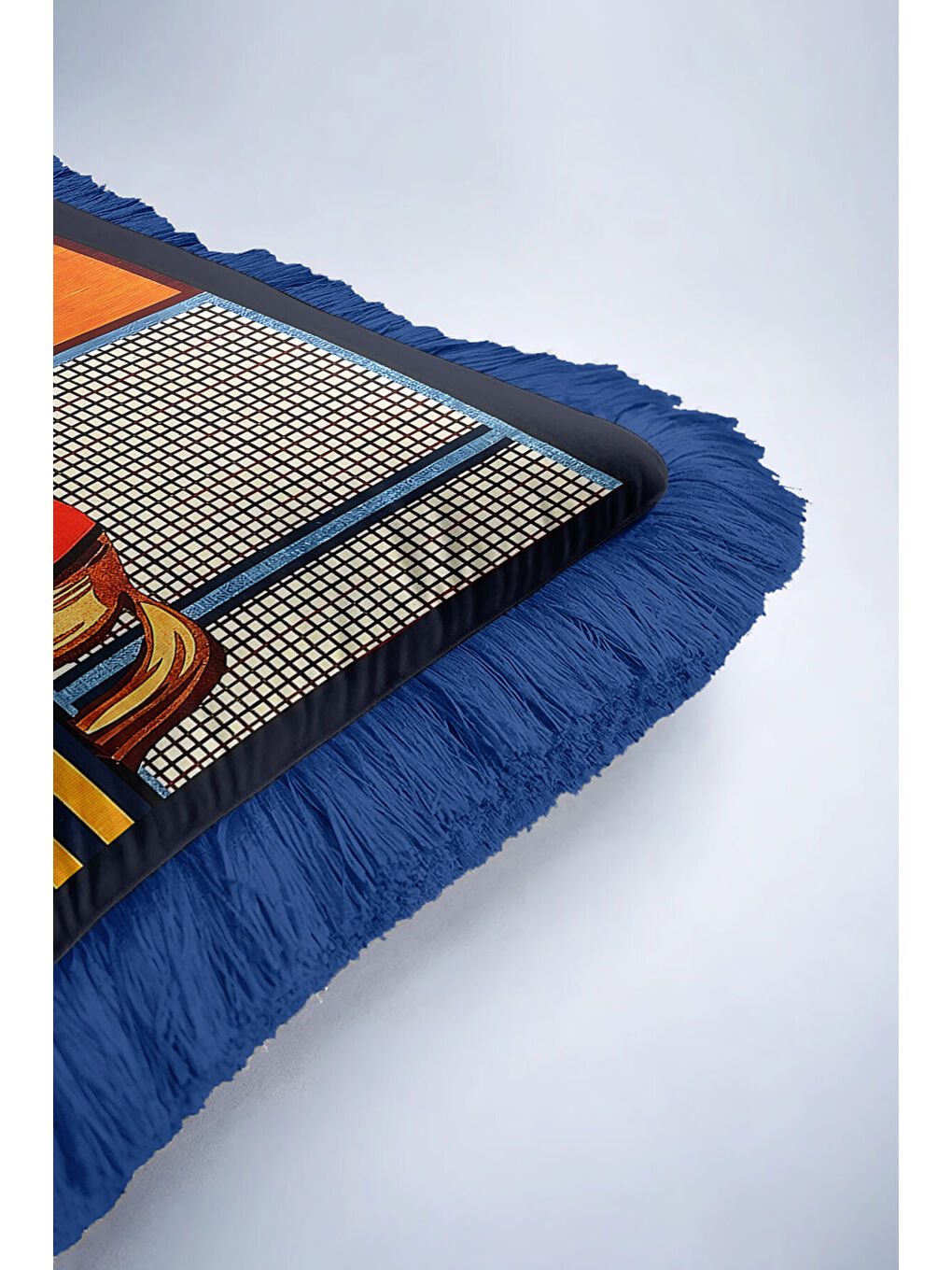 Karışık Büyük At Figürlü Saçaklı Yastık Kılıfı-Canlı Lüks Eklektik Temalı Lacivert Püsküllü Kırlent Kılıfı-6