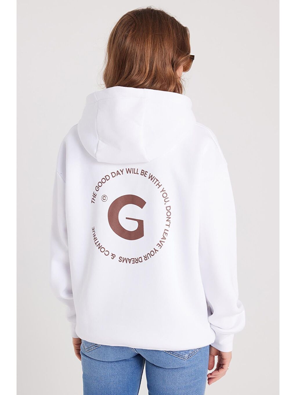 Kadın Oversize Geniş Kesim Pamuklu Yumuşak Dokulu İçi Polarlı Baskılı Beyaz Kapüşonlu Sweatshirt-6