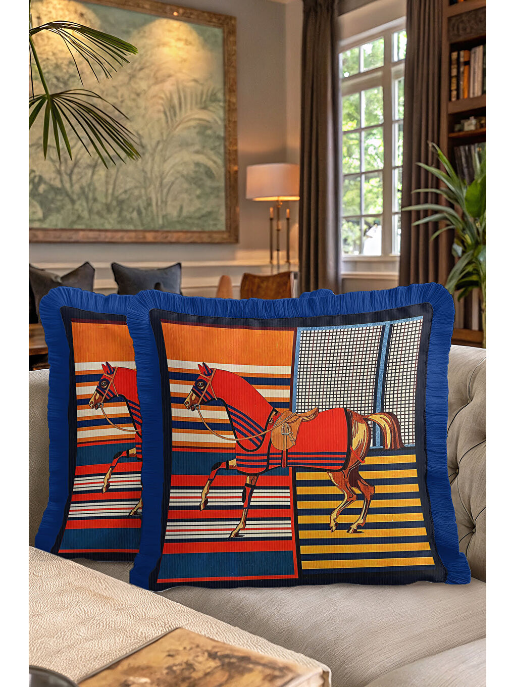 Karışık Büyük At Figürlü Saçaklı Yastık Kılıfı-Canlı Lüks Eklektik Temalı Lacivert Püsküllü Kırlent Kılıfı-7