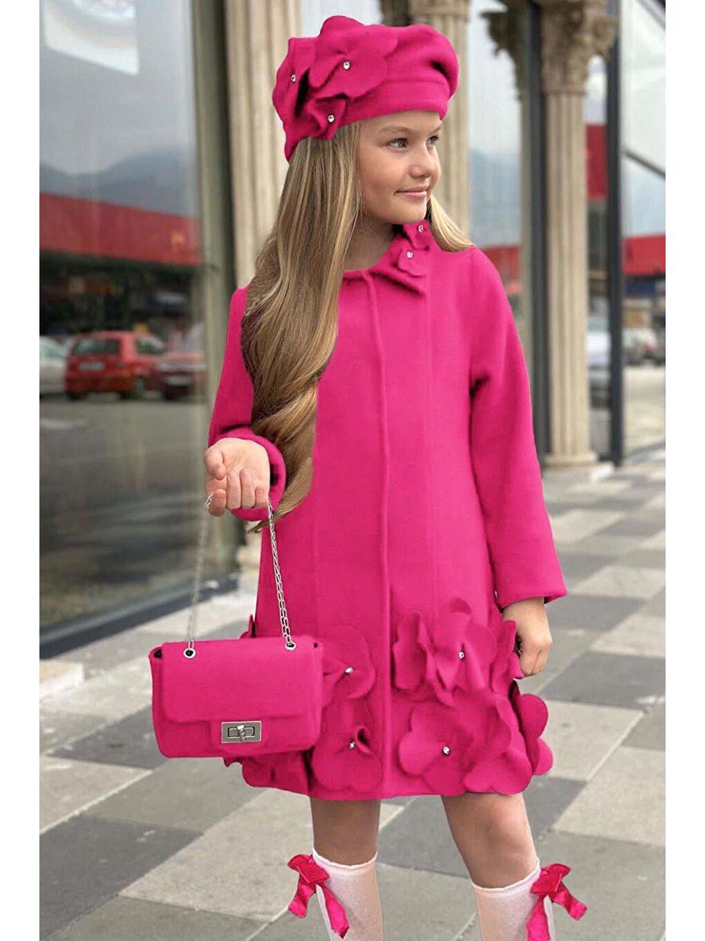 Kız Çocuk Yakası Taş ve Yonca Detaylı Çıtçıt Düğmeli Fuşya Kaşe-2