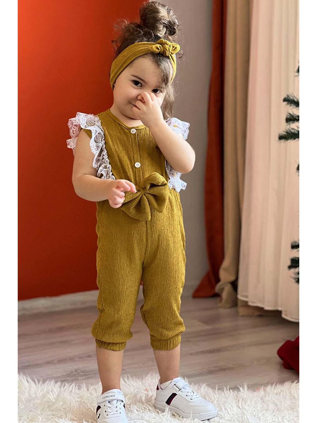 Sarı Kız Çocuk Omuzdan Göğse Dantel İşlemeli Beli Fiyonk Detaylı Bandanalı Hardal Tulum-3