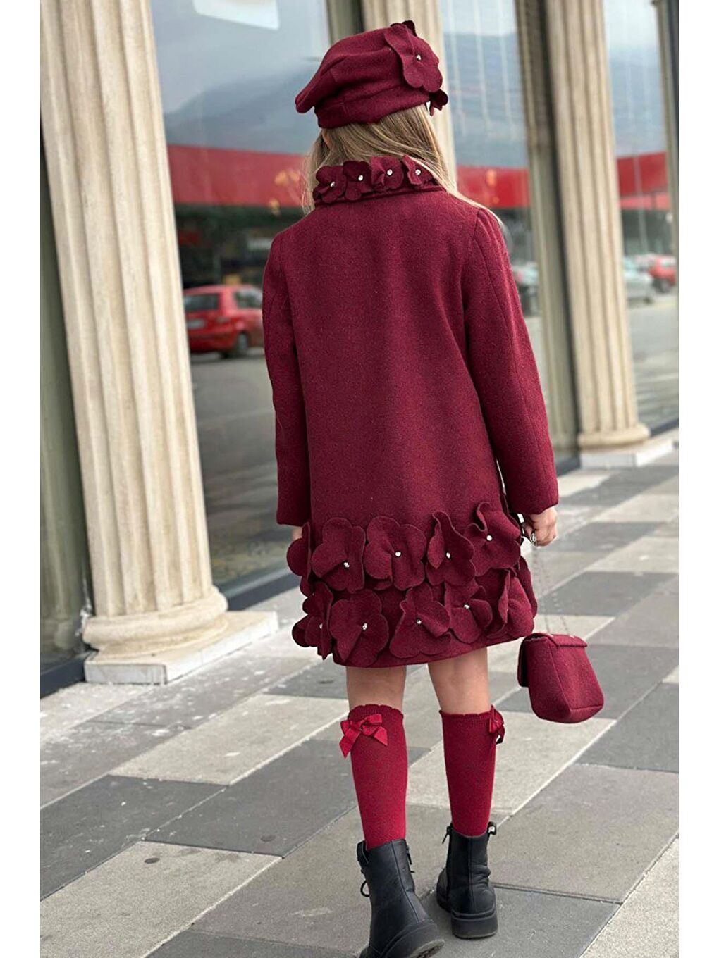 Kız Çocuk Yakası Taş ve Yonca Detaylı Çıtçıt Düğmeli Bordo Kaşe-3