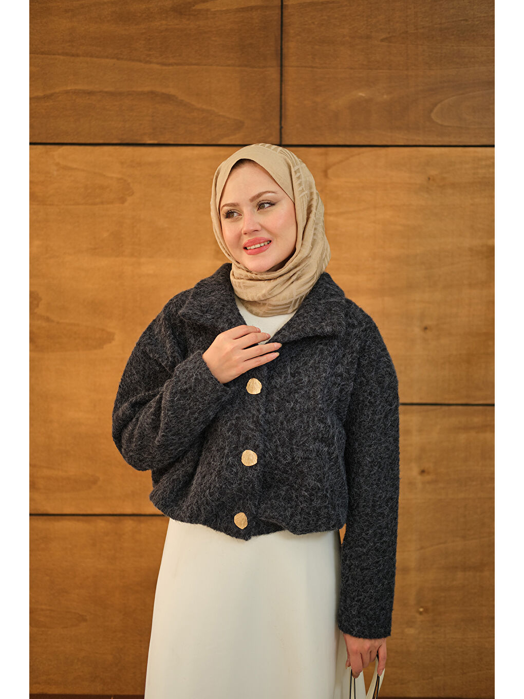 Kadın Düğmeli Kısa Keçe Kaban Lacivert-2