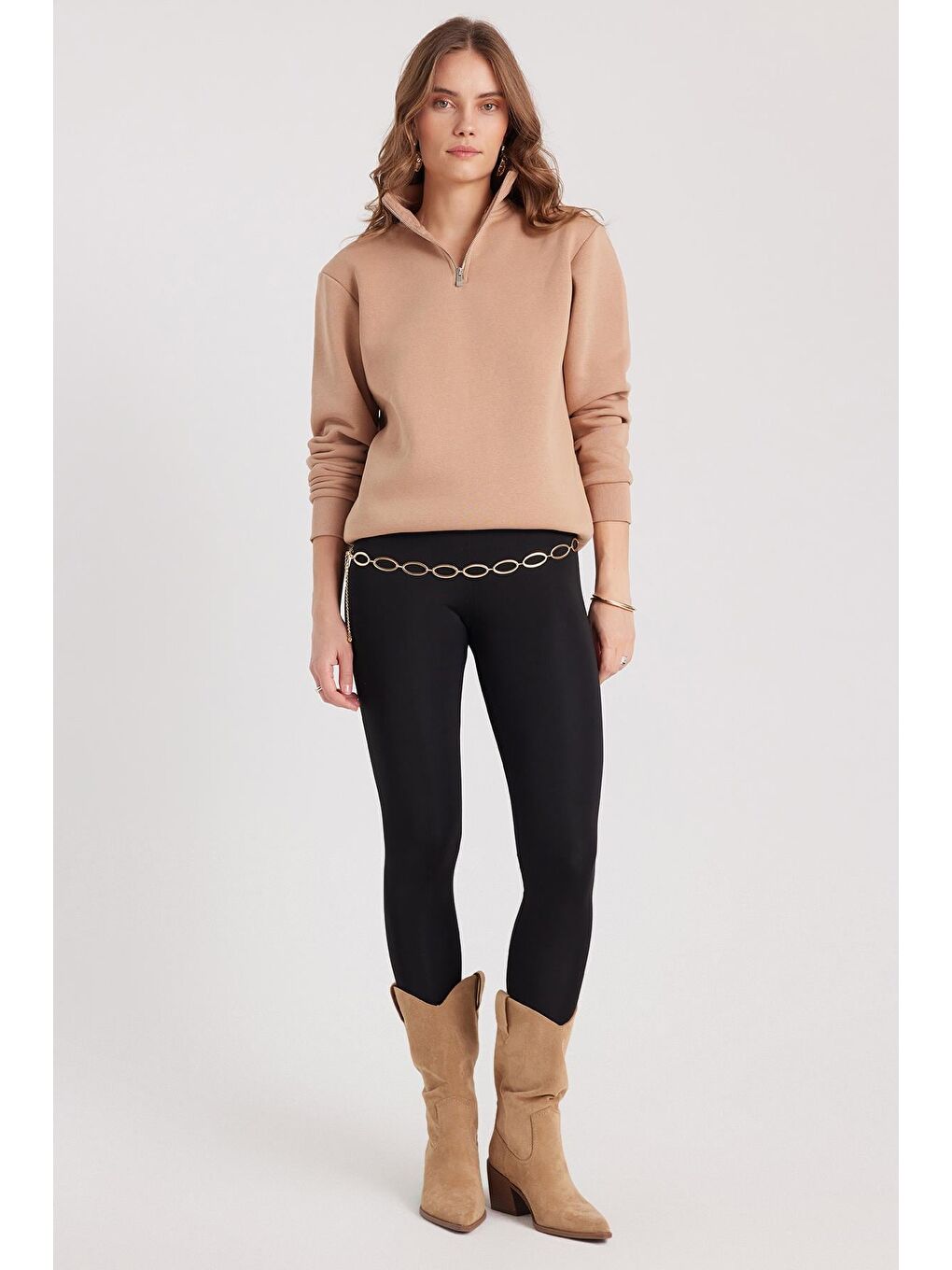 Bej Kadın Relax Fit Rahat Kesim Pamuklu İçi Polarlı Yarım Fermuarlı Taş Renk Dik Yaka Sweatshirt-4