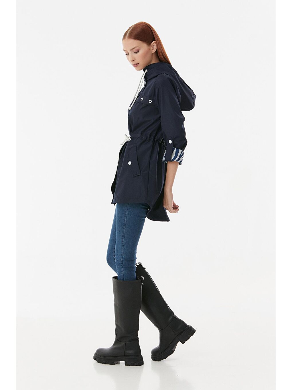 Lacivert Kolu Katlamalı  Kapüşonlu Trençkot-3