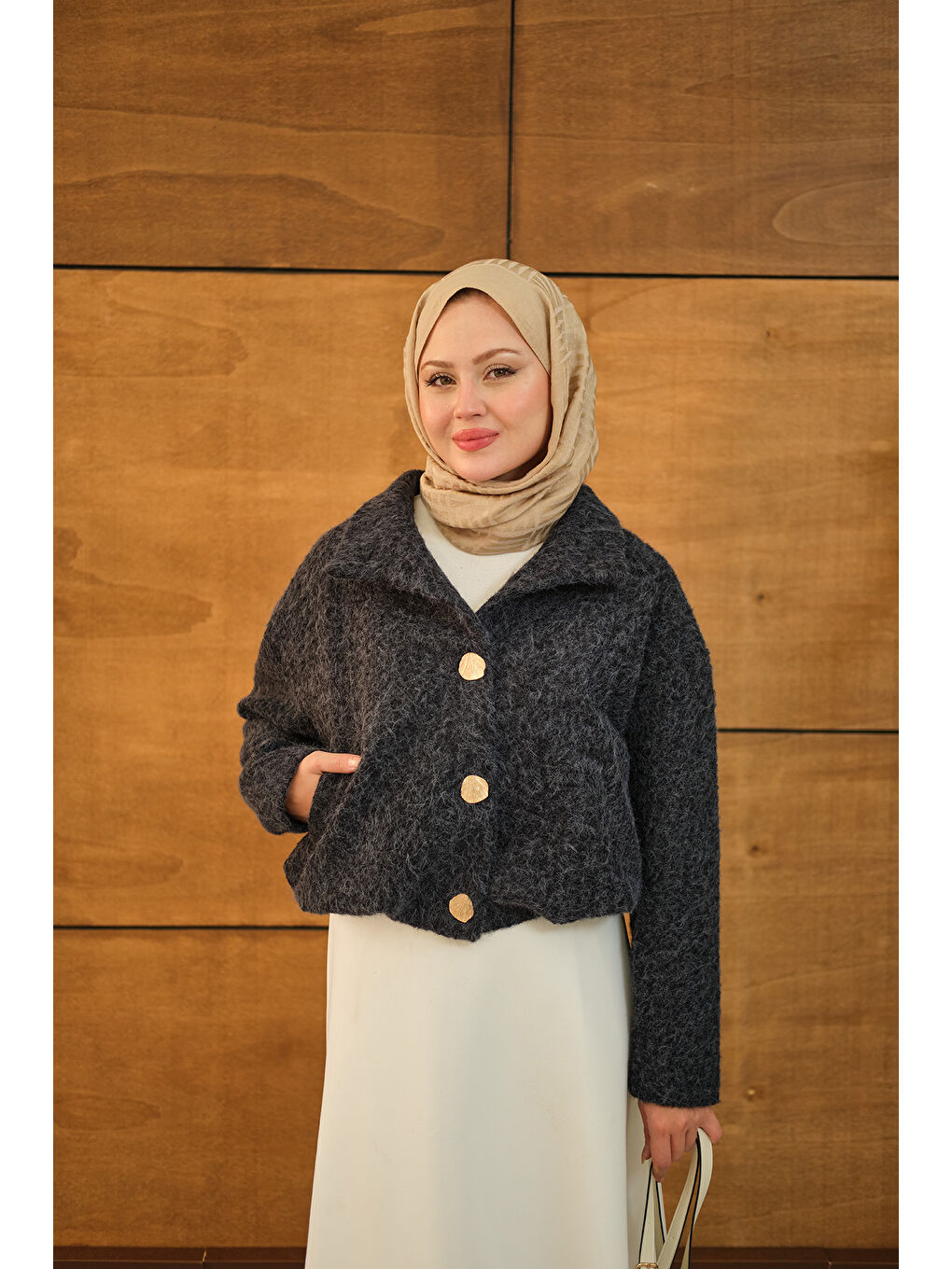 Kadın Düğmeli Kısa Keçe Kaban Lacivert-3