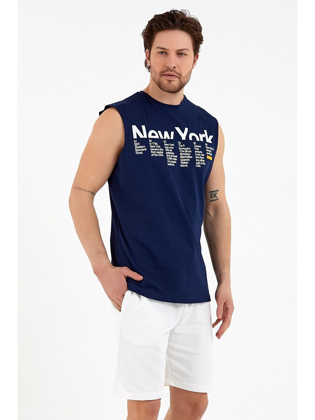 Lacivert Erkek Bisiklet Yaka Regular Fit New York Baskılı Kolsuz Tişört Spr22ts125-2