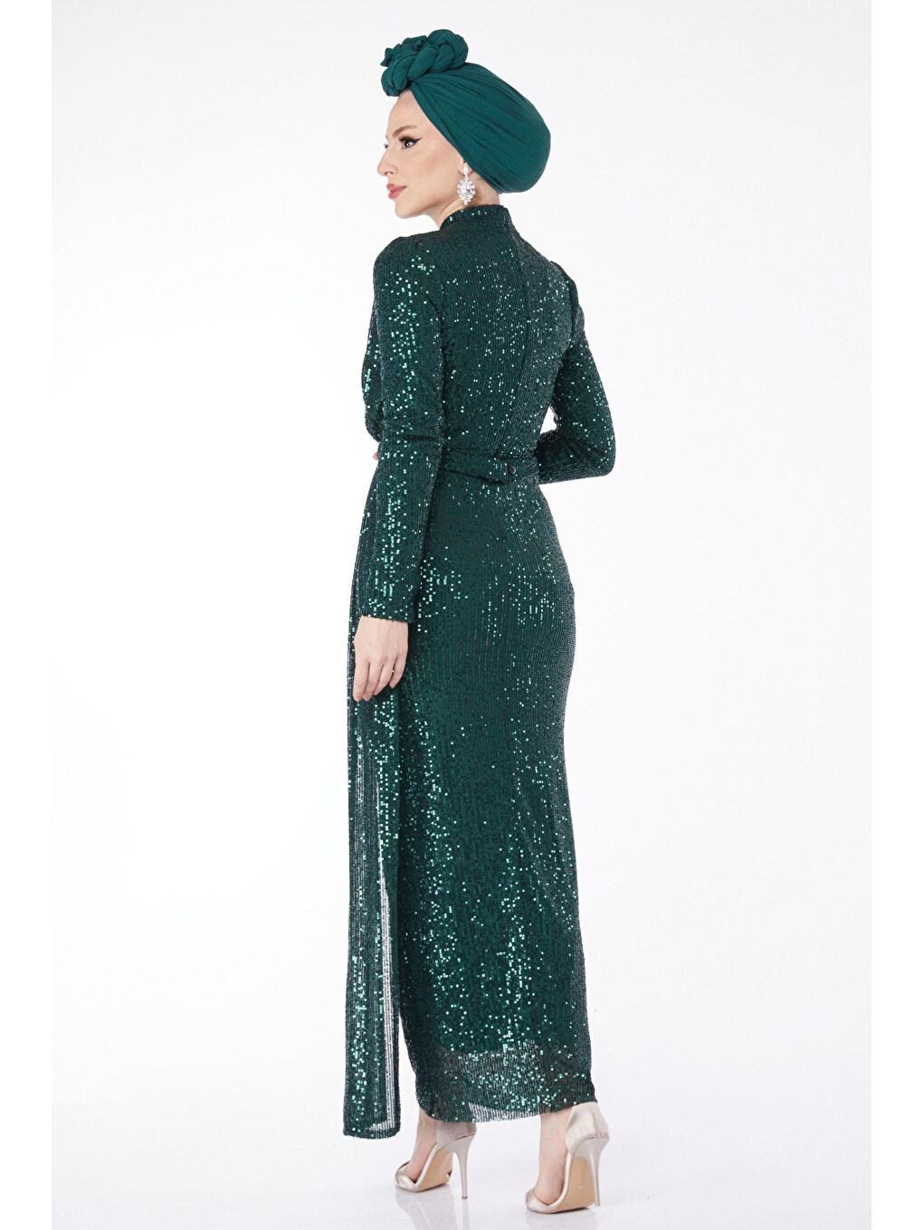 Düz Hakim Yaka Kadın Yeşil Payetli Abiye Elbise - 24598-5