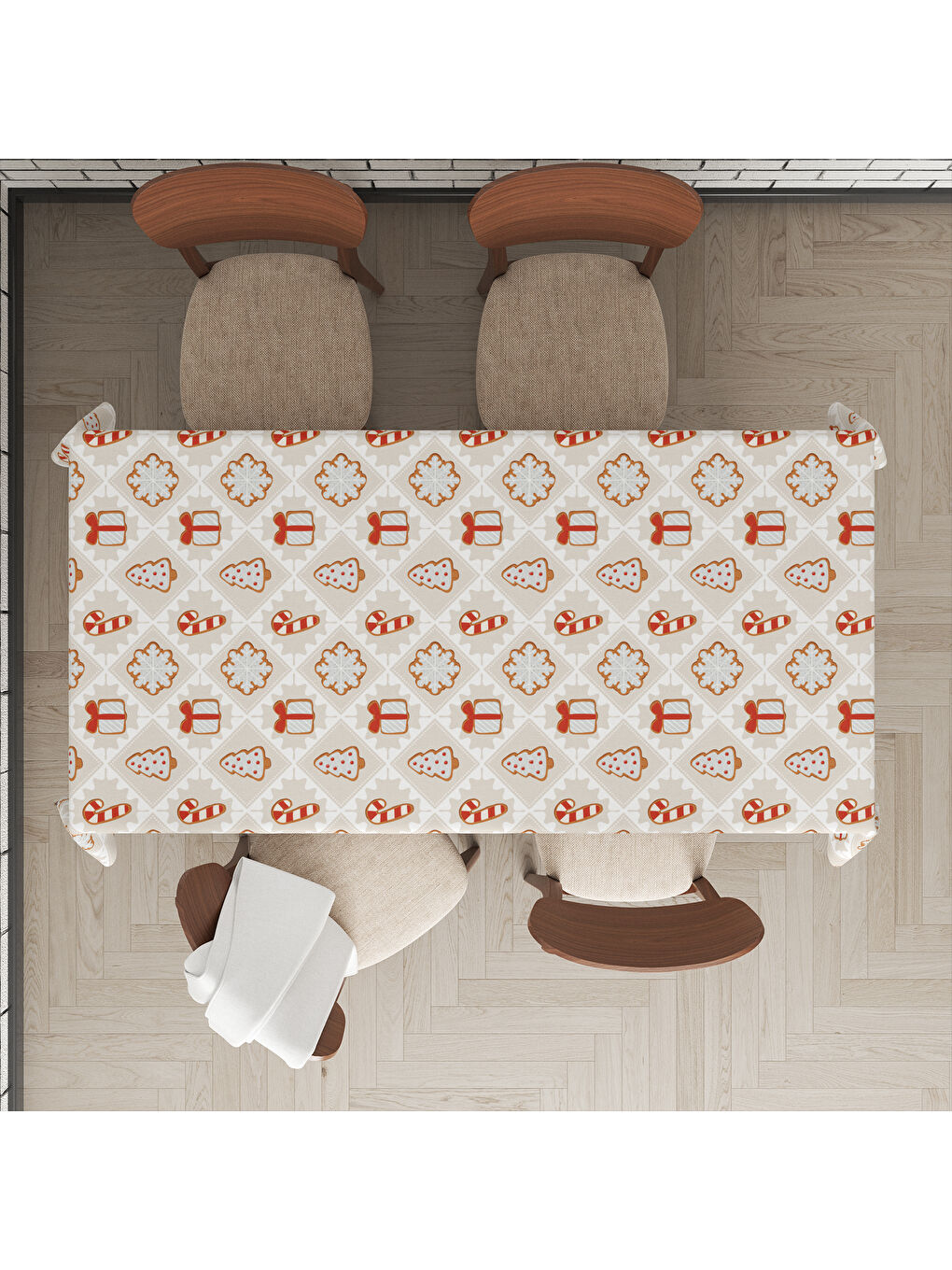 Karışık Yılbaşı Temalı Yılbaşı Süs Desenli Dijital Baskılı Masa Örtüsü-1