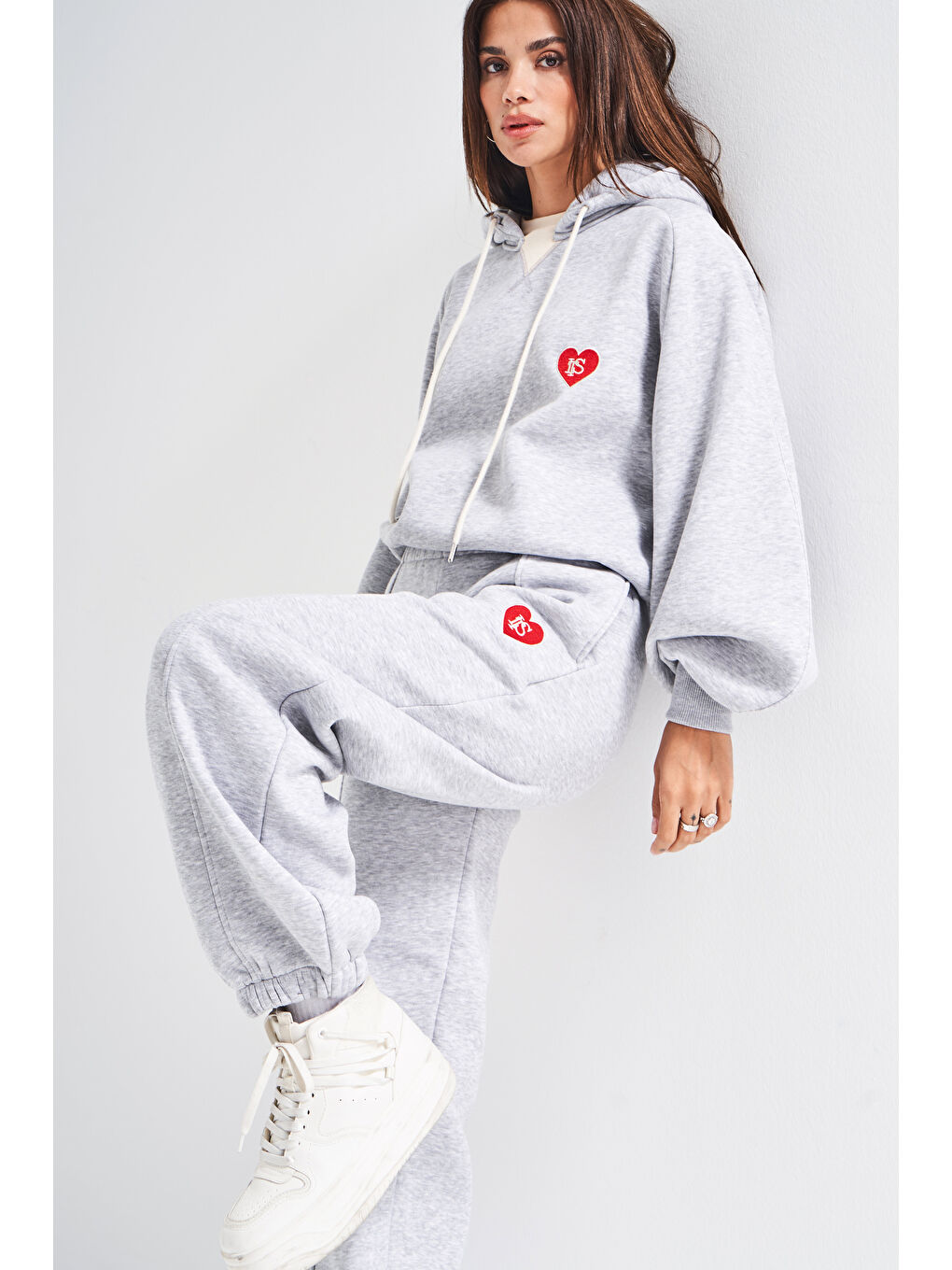 Kadın Gri Renk w5-107 Örme Kumaş Bol Kesim Alt Üst 2'li Kombin Eşofman Takım-3