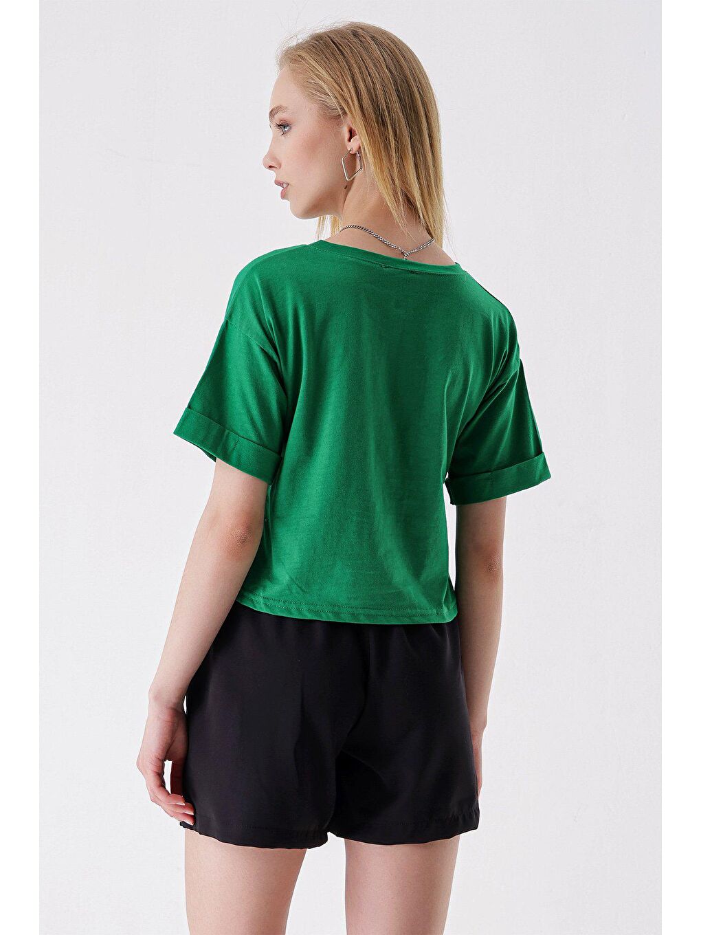 Yeşil Penye Kol Katlamalı Kısa T-SHİRT-4