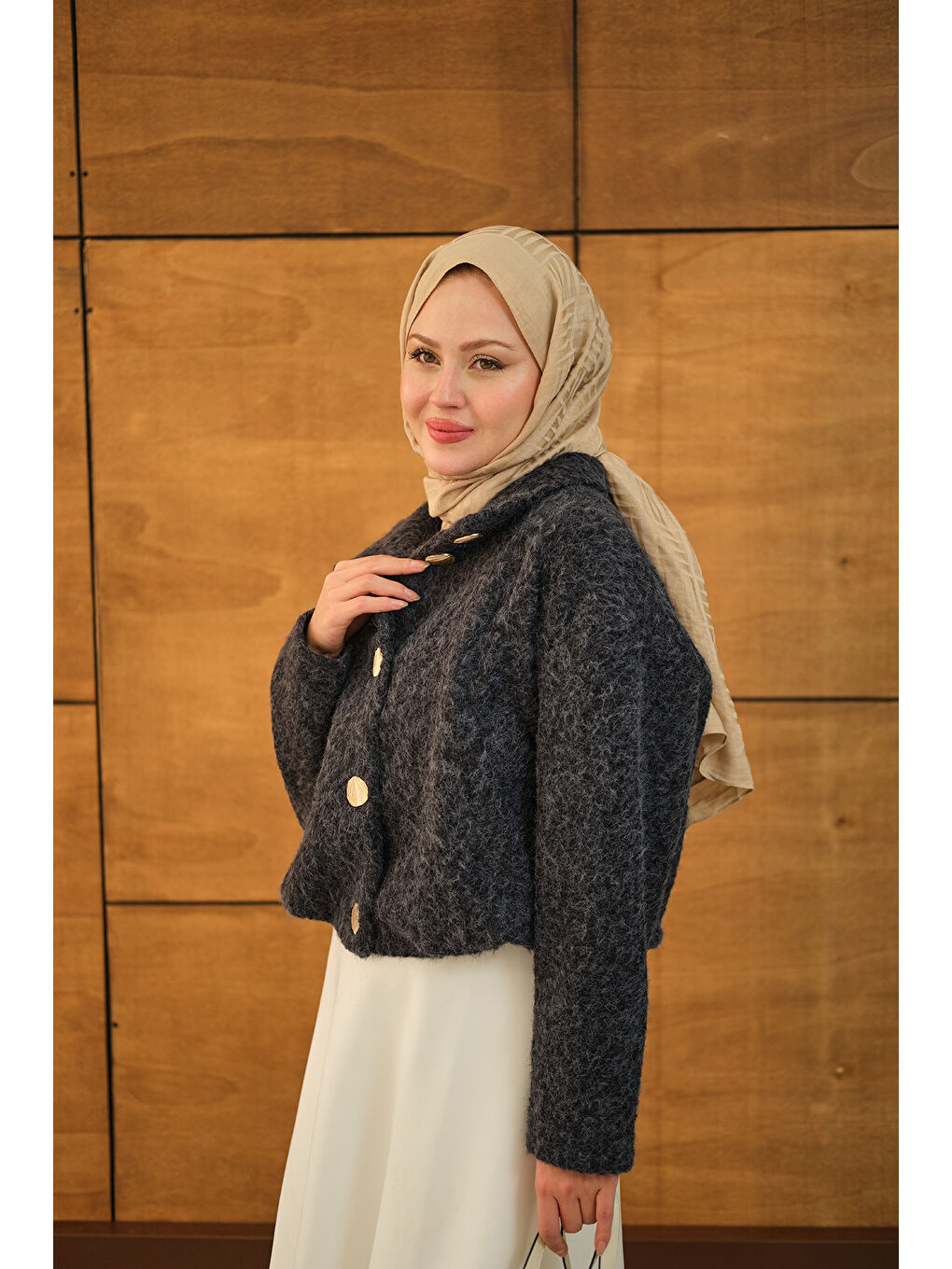 Kadın Düğmeli Kısa Keçe Kaban Lacivert-4