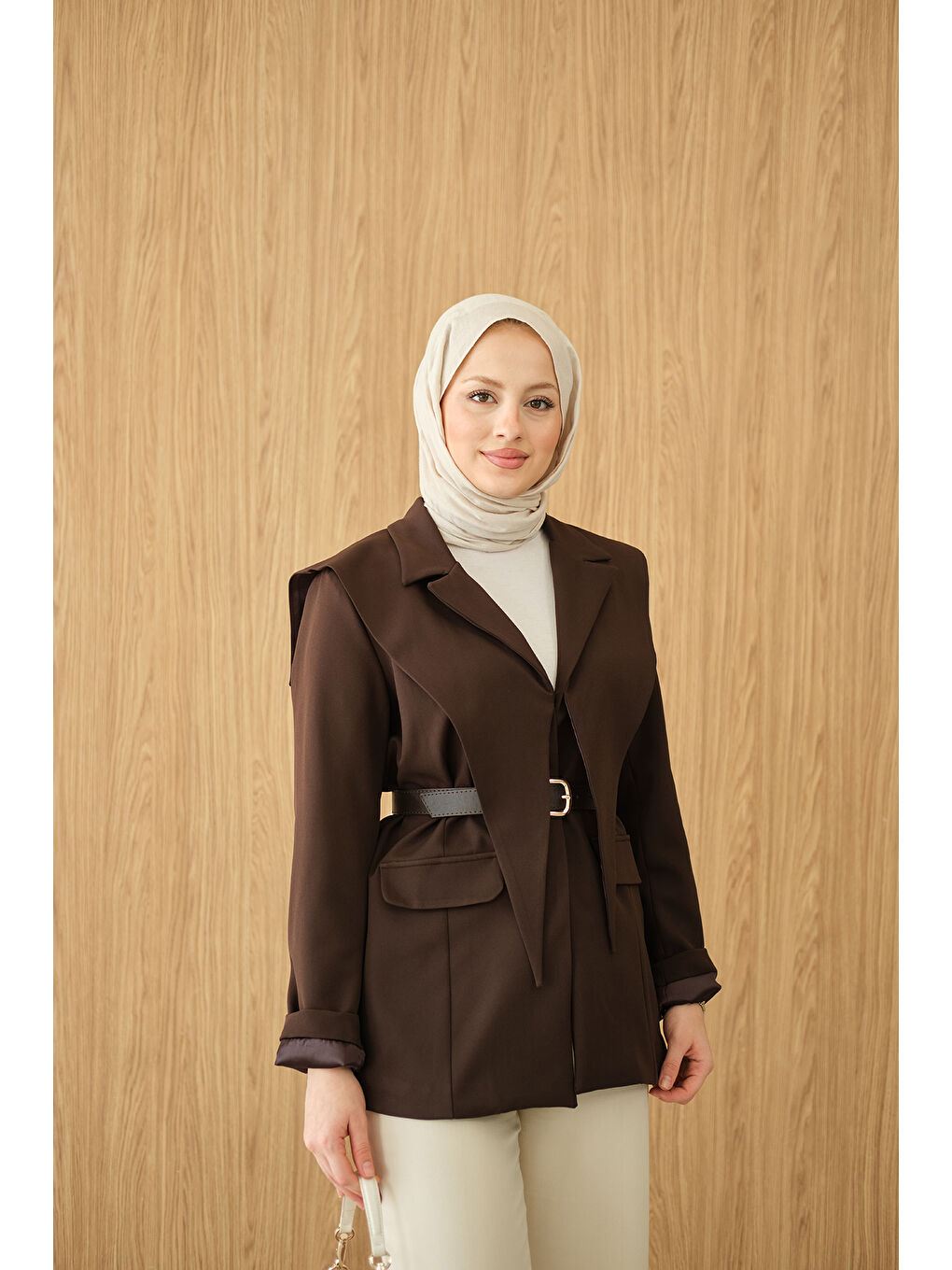 Kadın Kruvaze Yaka Cep Detay Ceket Kahverengi-1