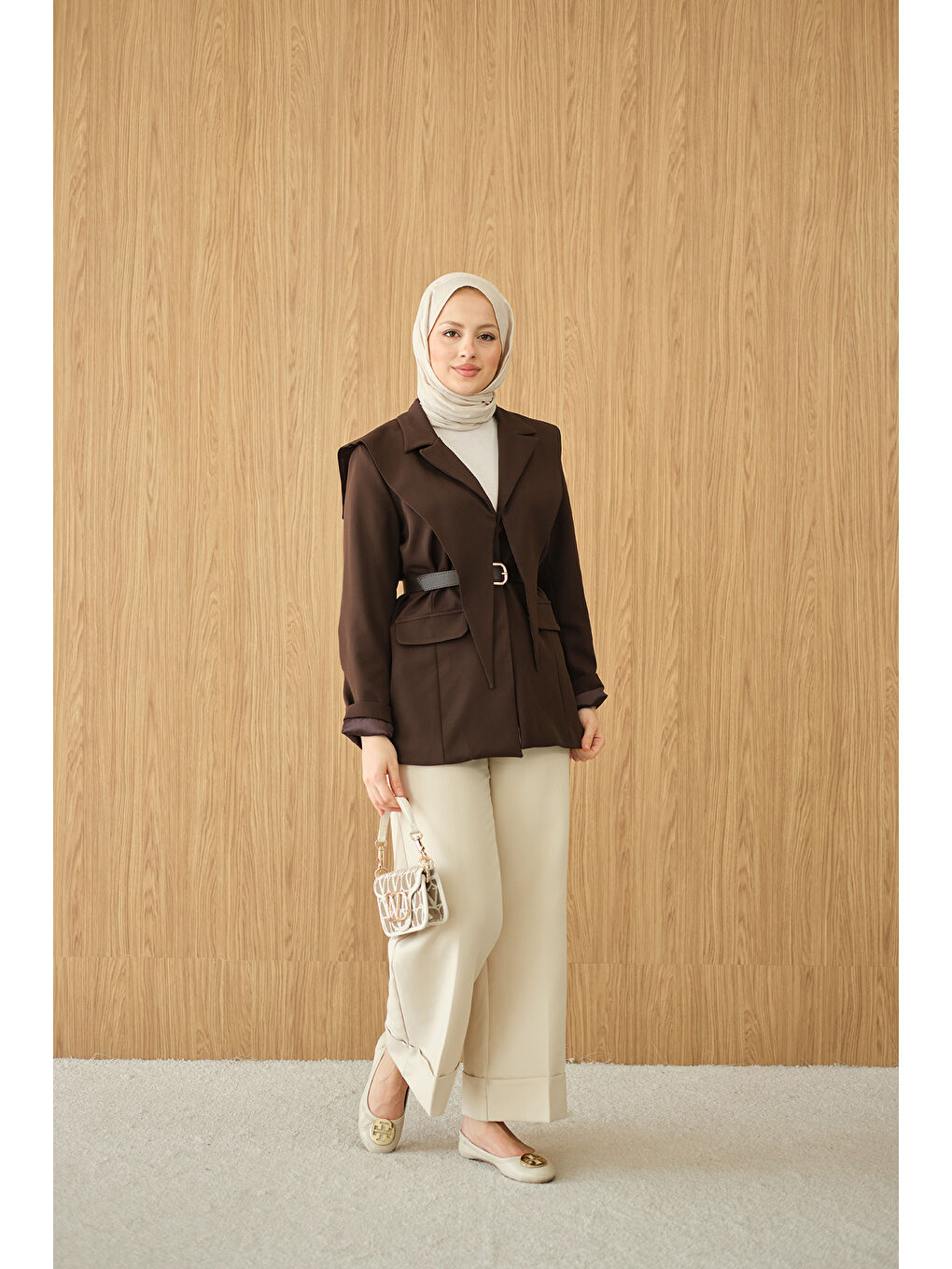 Kadın Kruvaze Yaka Cep Detay Ceket Kahverengi-2