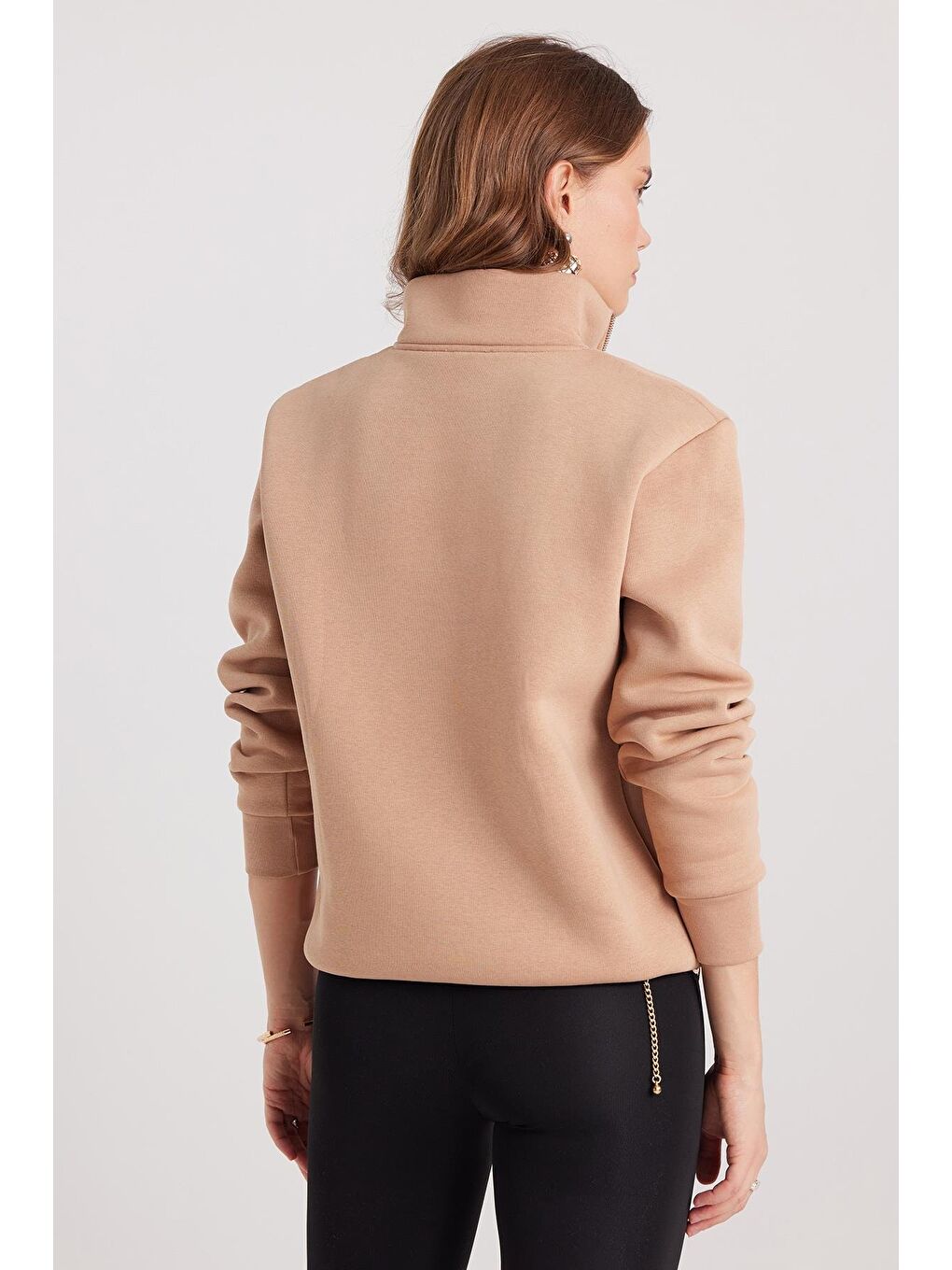 Bej Kadın Relax Fit Rahat Kesim Pamuklu İçi Polarlı Yarım Fermuarlı Taş Renk Dik Yaka Sweatshirt-6