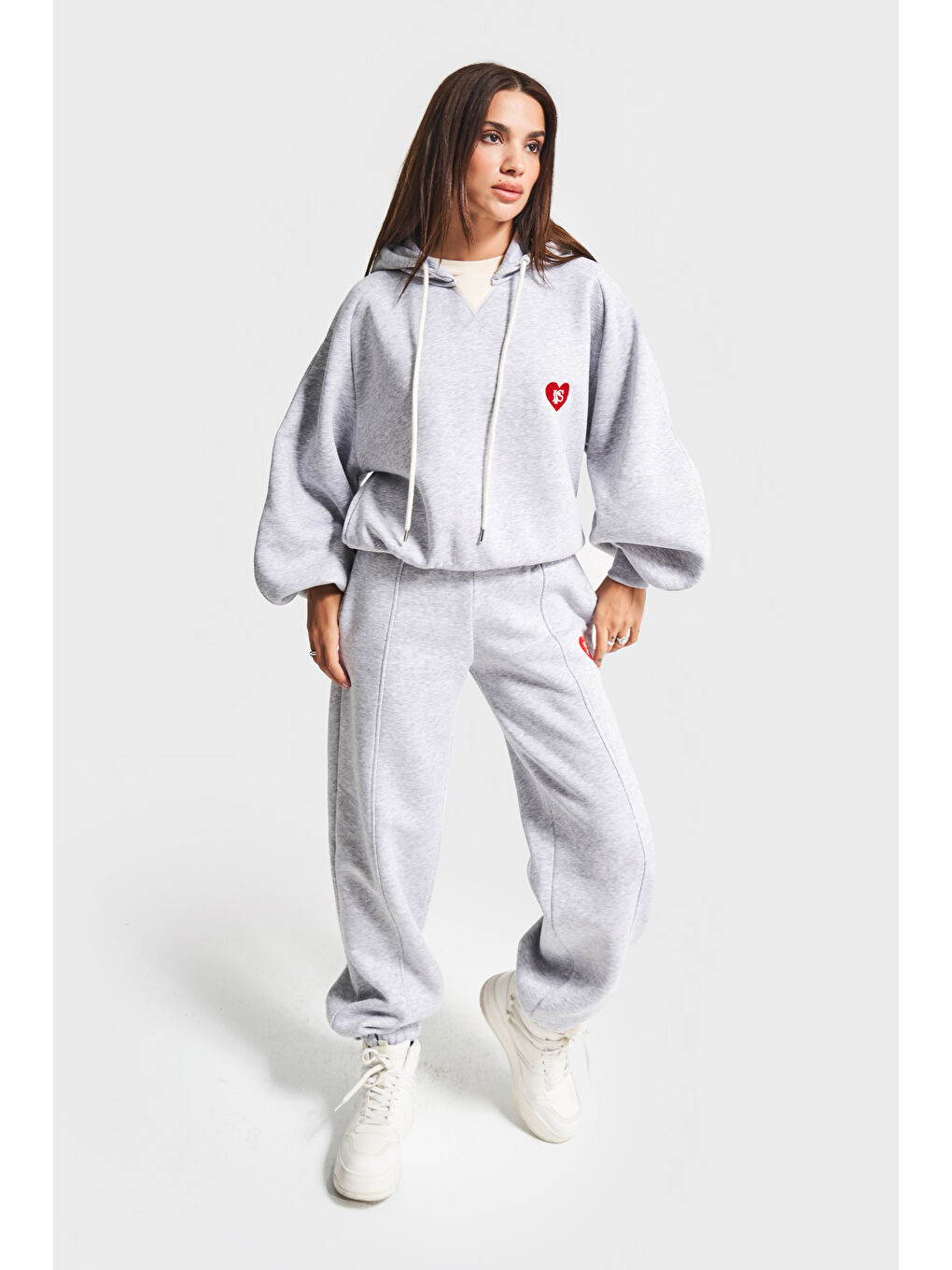 Kadın Gri Renk w5-107 Örme Kumaş Bol Kesim Alt Üst 2'li Kombin Eşofman Takım-4