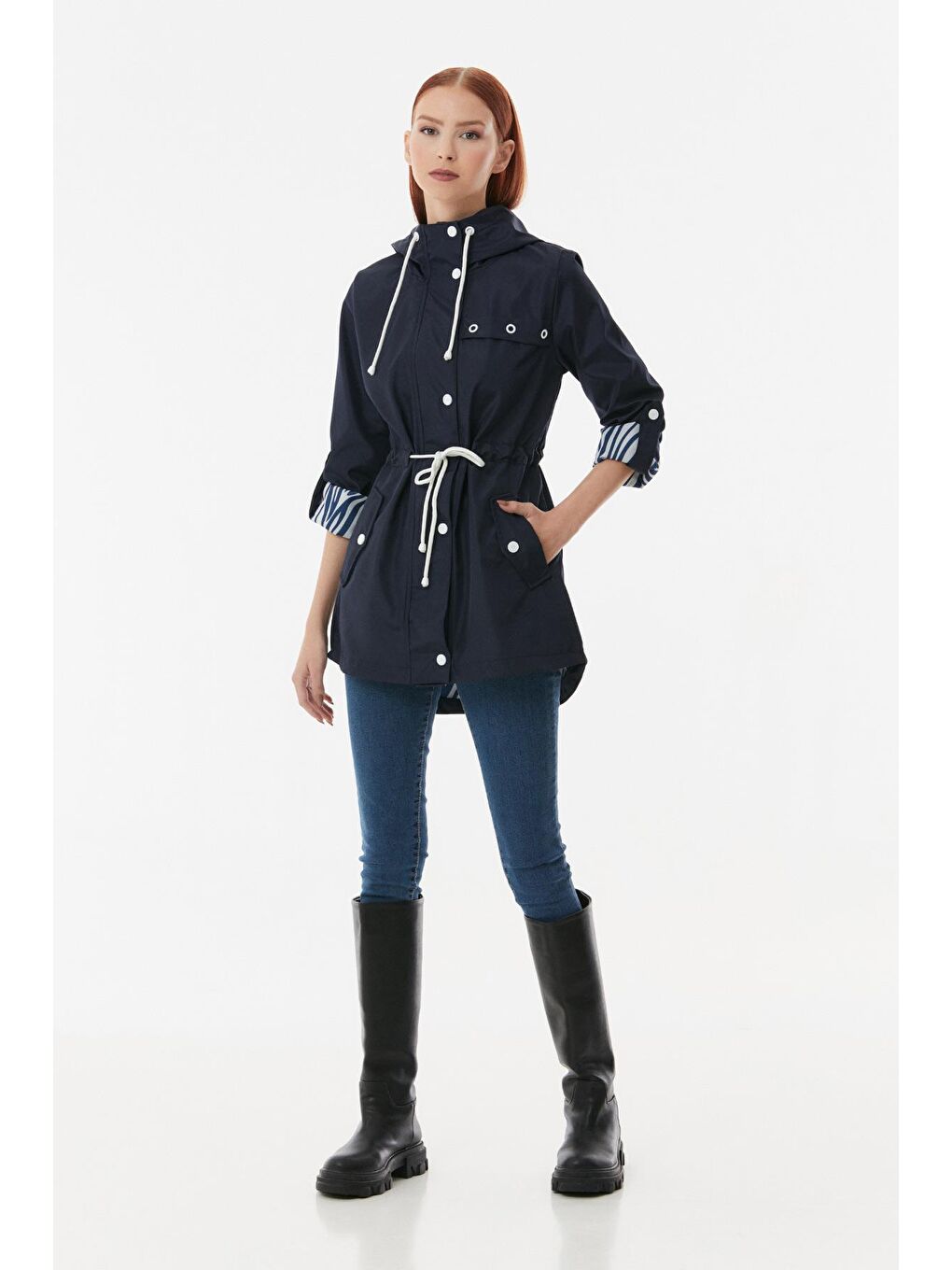 Lacivert Kolu Katlamalı  Kapüşonlu Trençkot-4