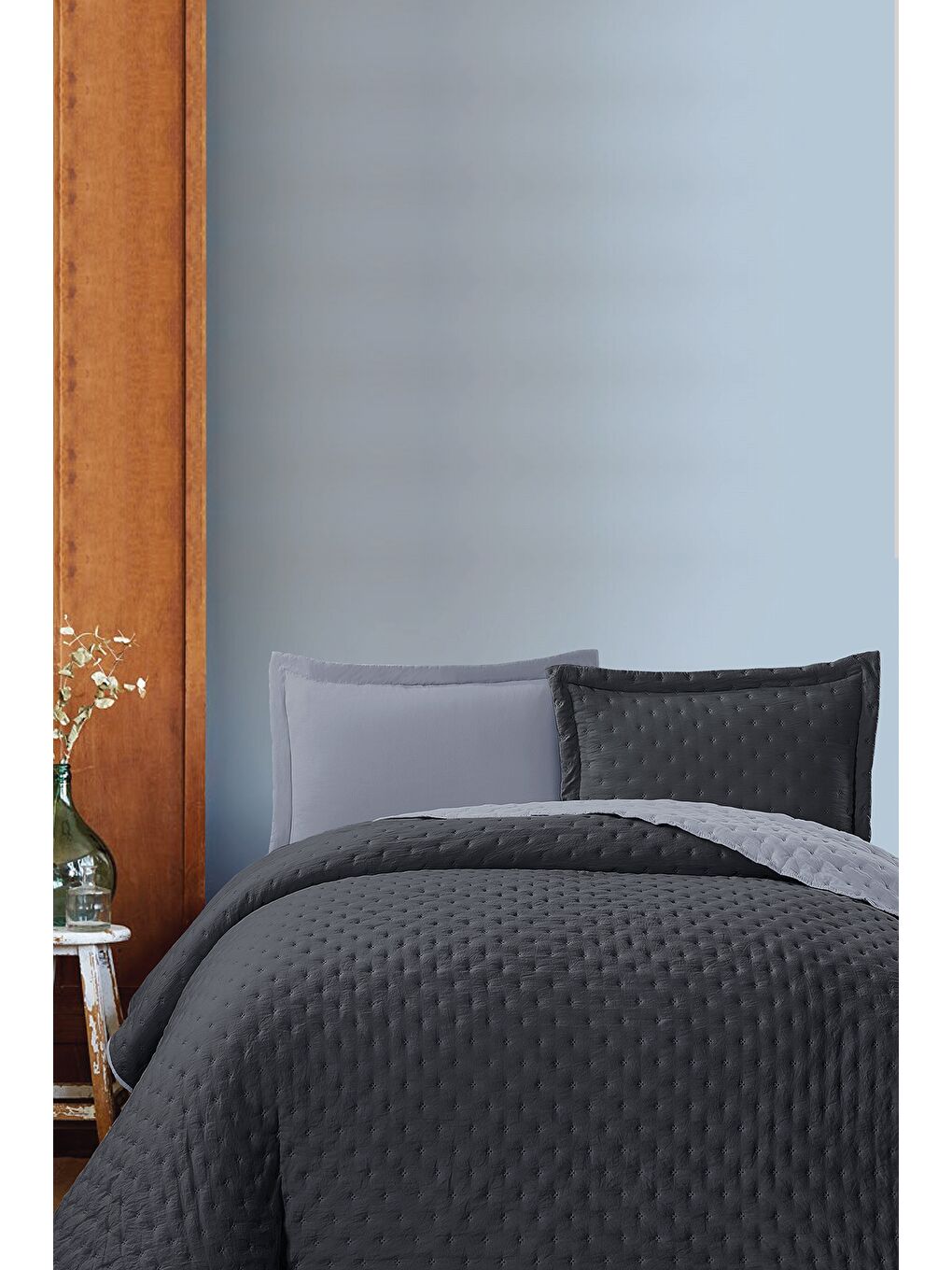 Kapitoneli Çift Taraflı Yatak Örtüsü – 240x260 cm Antrasit-1