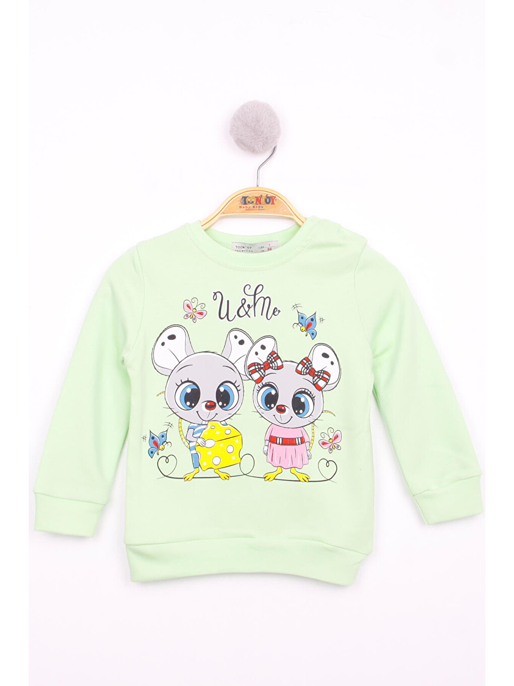 Yeşil Kız Çocuk Omuzdan Çıtçıtlı Fare Baskılı Sweatshirt
