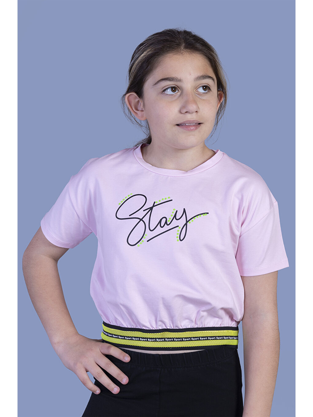 Pembe Kız Çocuk Şerit Detaylı Baskılı Tişört