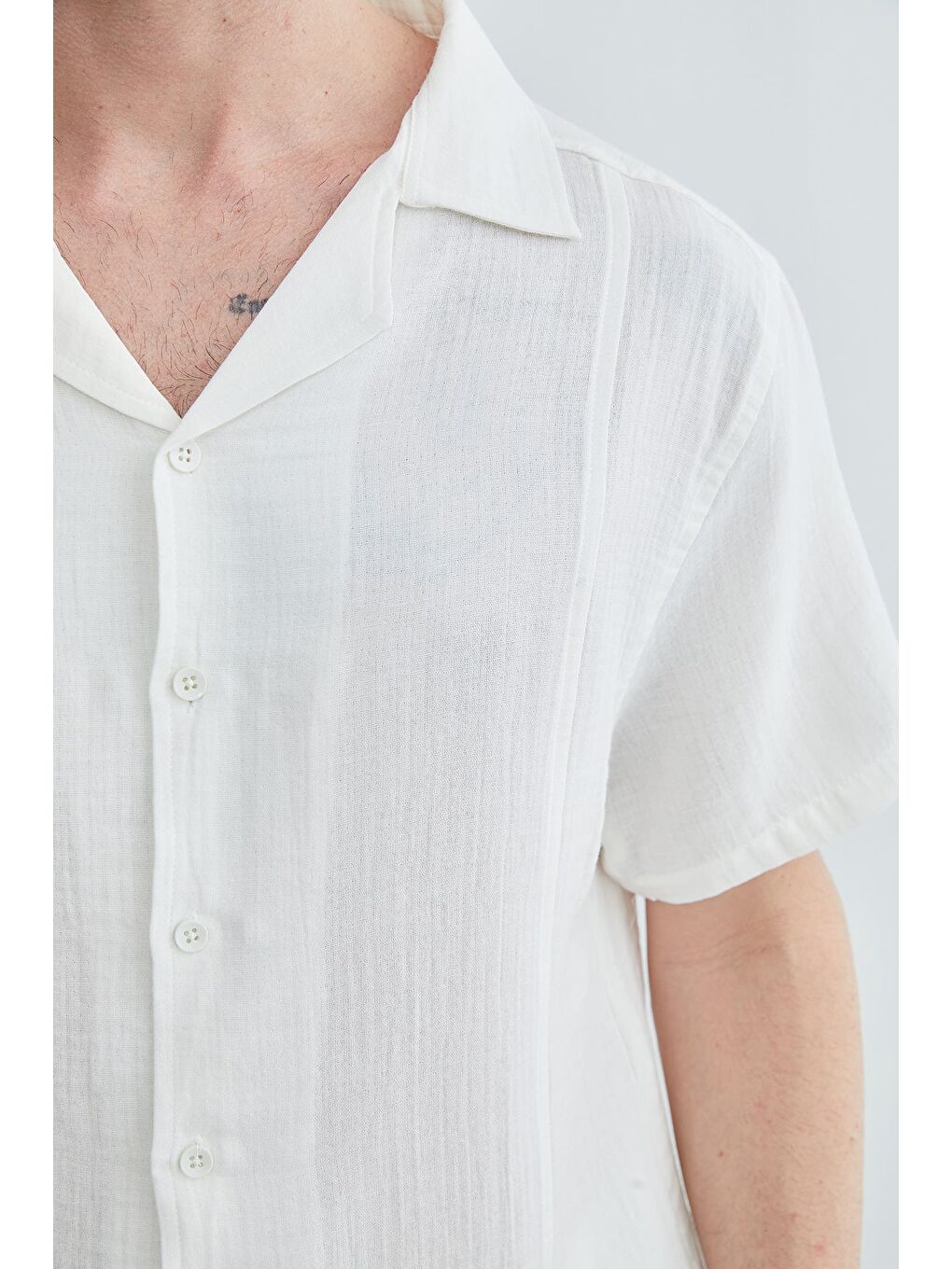 Beyaz Basic Müslin Kumaş Kısa Kol Gömlek-4