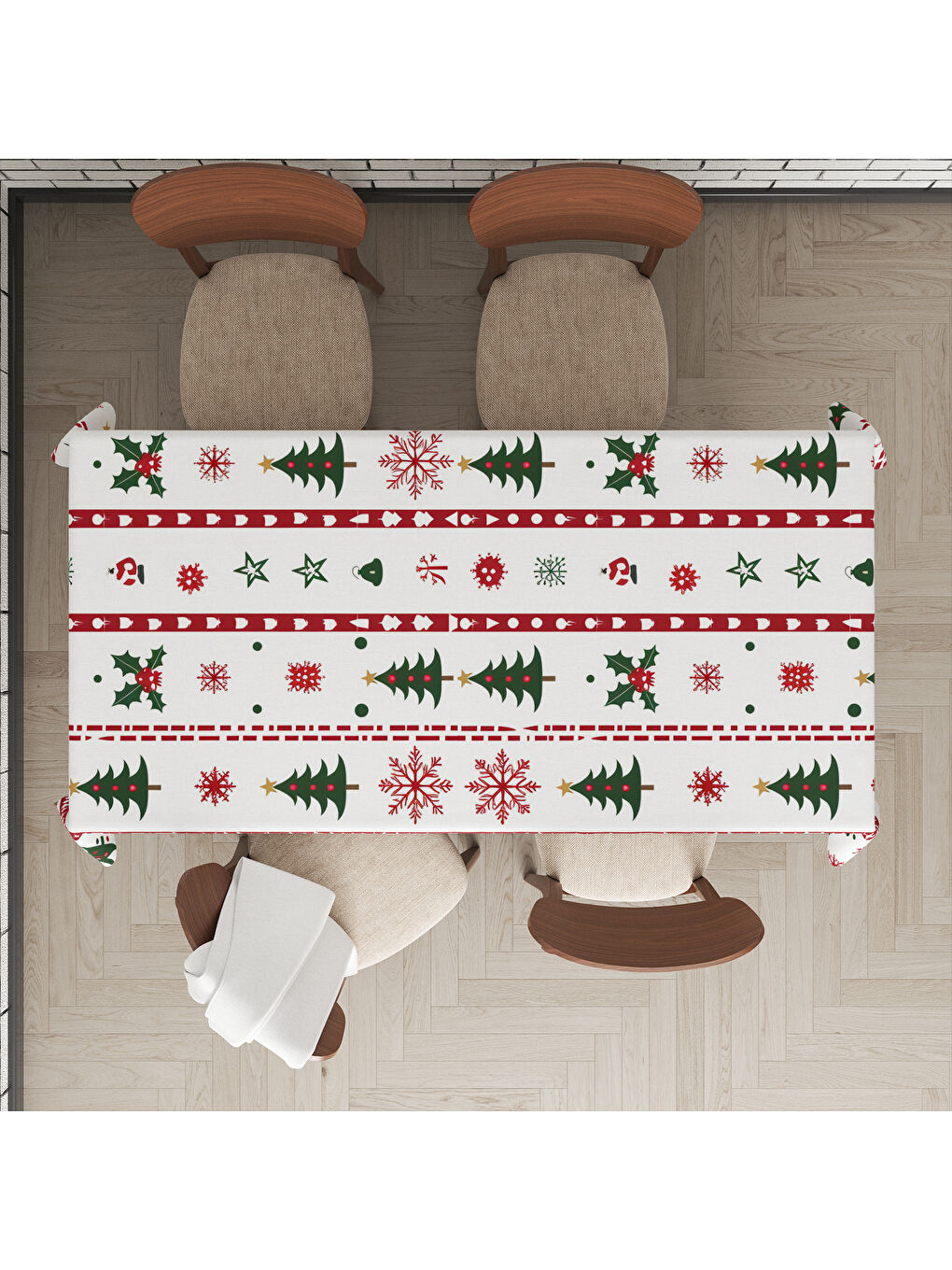 Karışık Yılbaşı Temalı Çam Ağaç Desenli Dijital Baskılı Masa Örtüsü-1