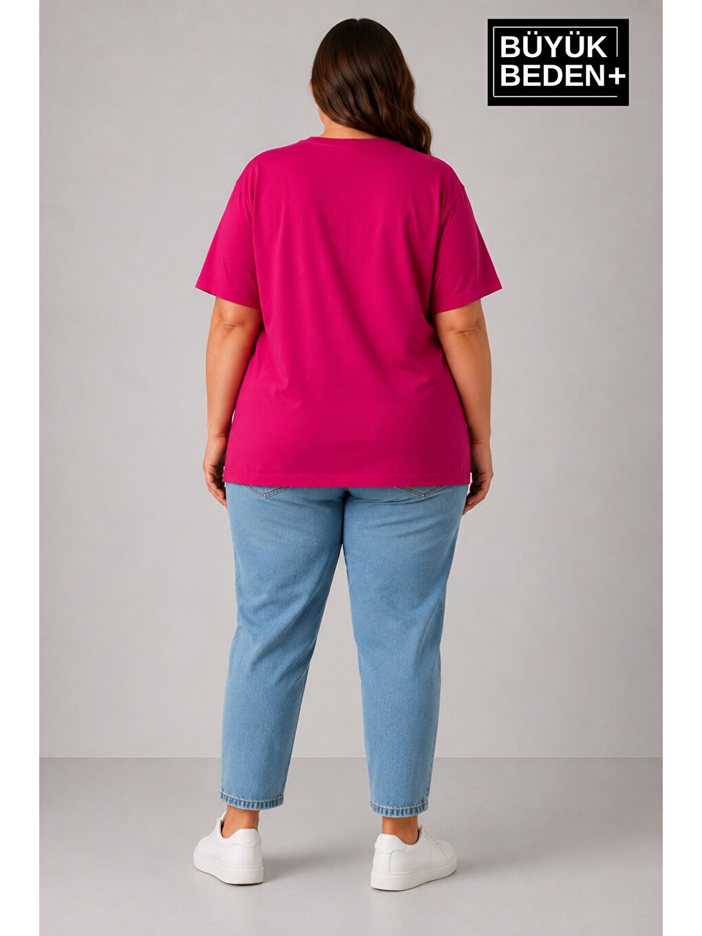 Fuşya Büyük Beden Kadın Bisiklet Yaka Yırtmaç Detaylı 3XL-6XL Tunik Tişört SPR26BTSK501-2