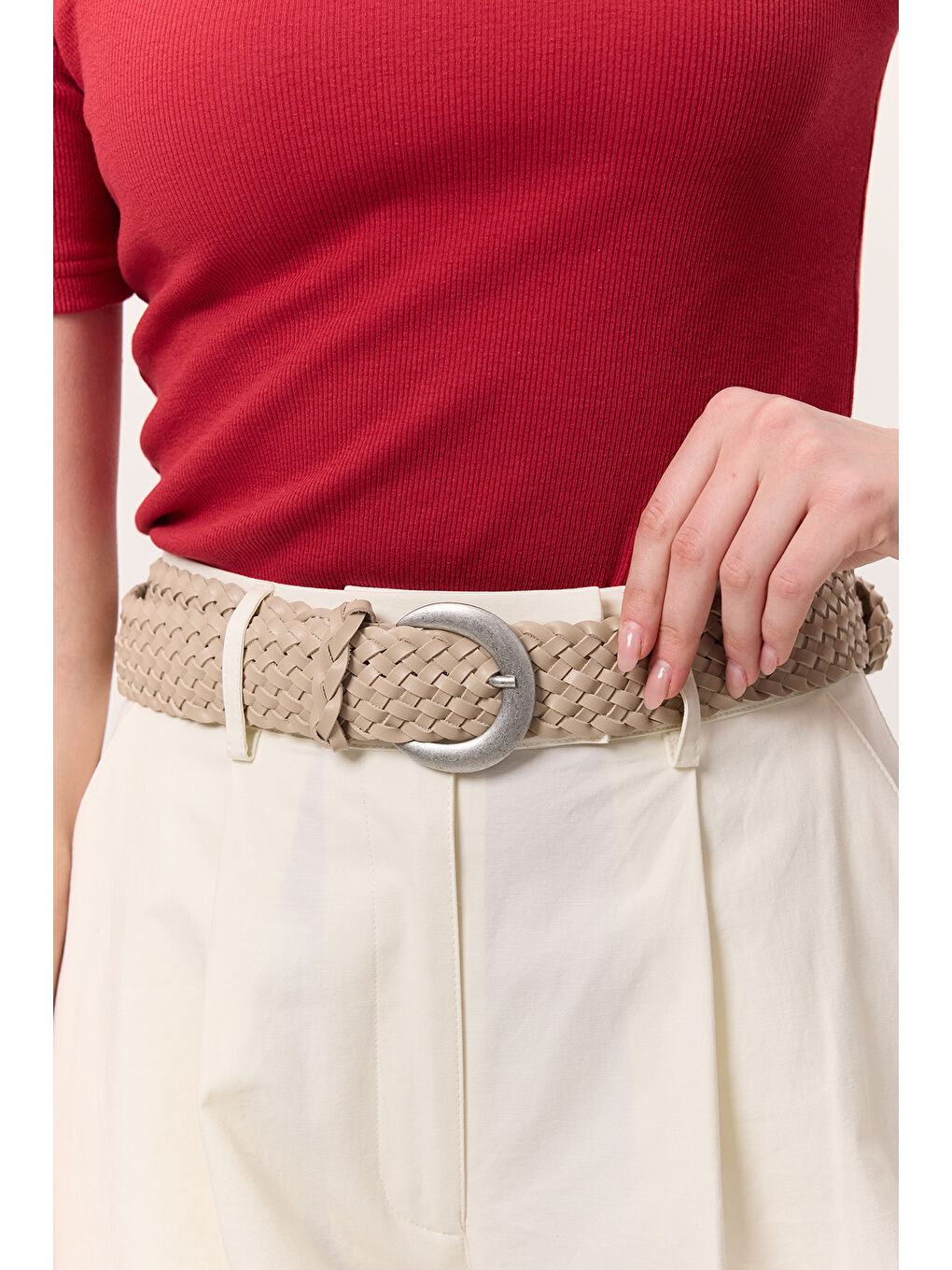 Örgü Deri Tokalı Kemer Bej-1