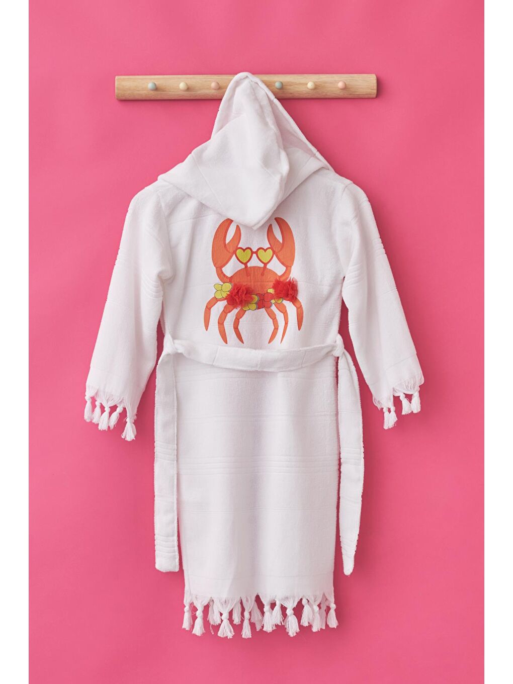 Beyaz Kız Çocuk Yengeç Baskılı Bornoz Peştemal-1
