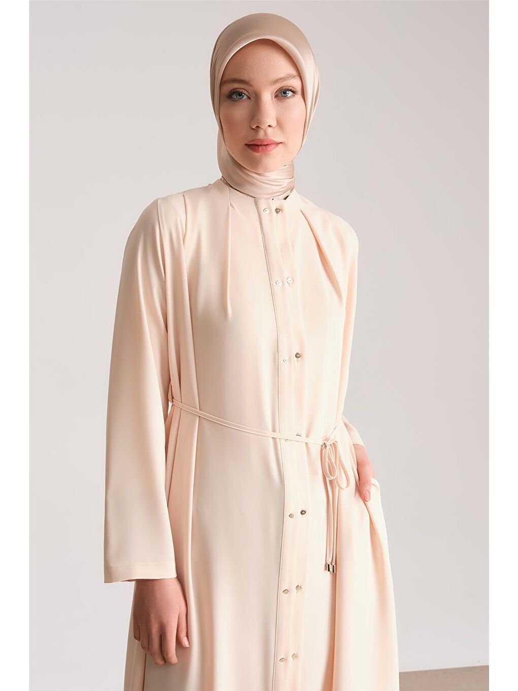 Ekru Çift Düğmeli Ve Pileli Ferace 24Y8803 Aytaşı-1