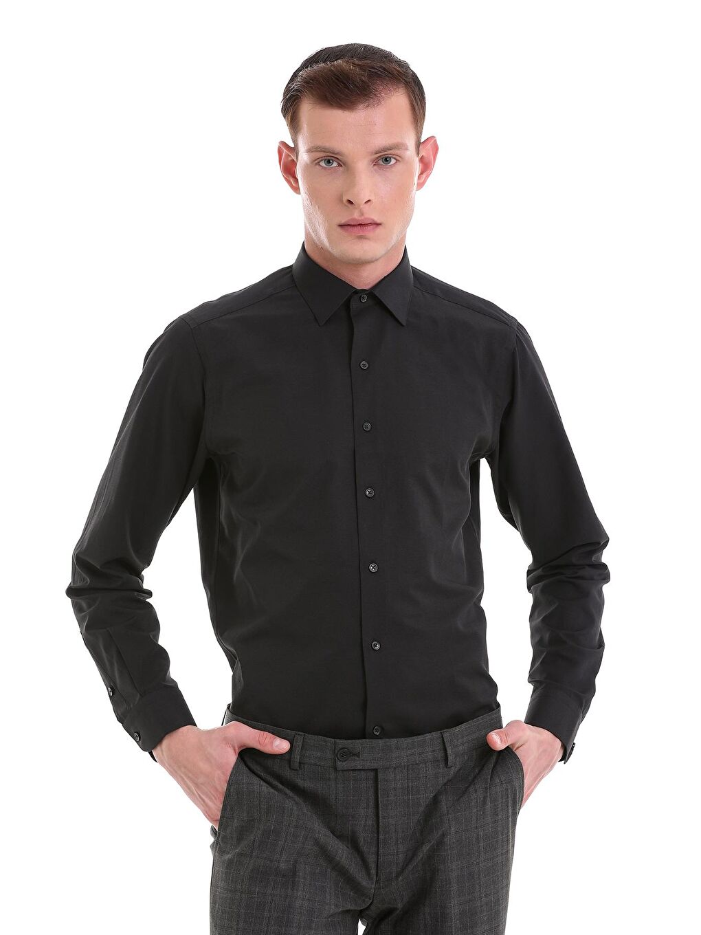 Siyah Slim Fit Desenli Pamuklu Slim Yaka Uzun Kollu Klasik Gömlek