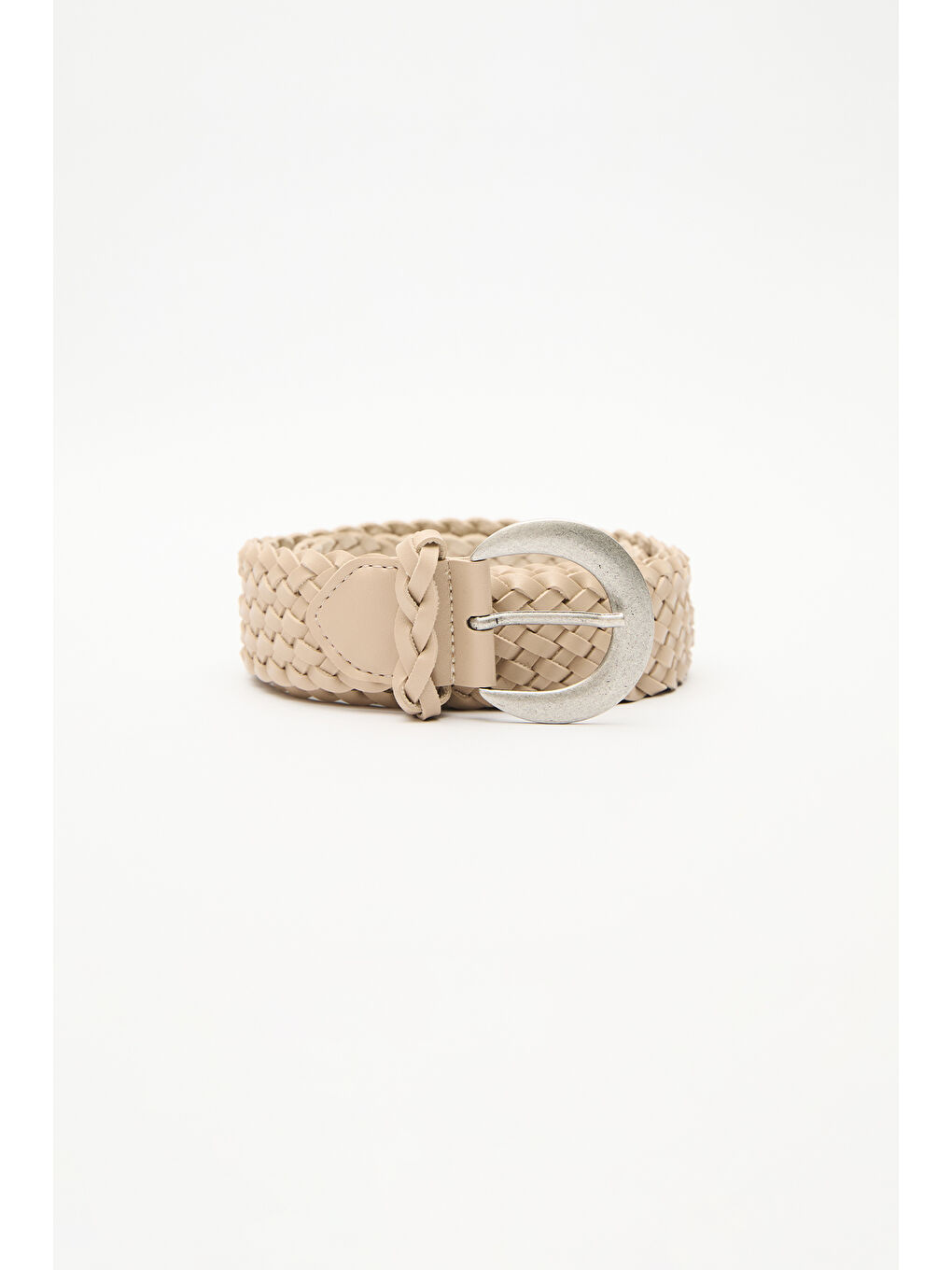 Örgü Deri Tokalı Kemer Bej-2