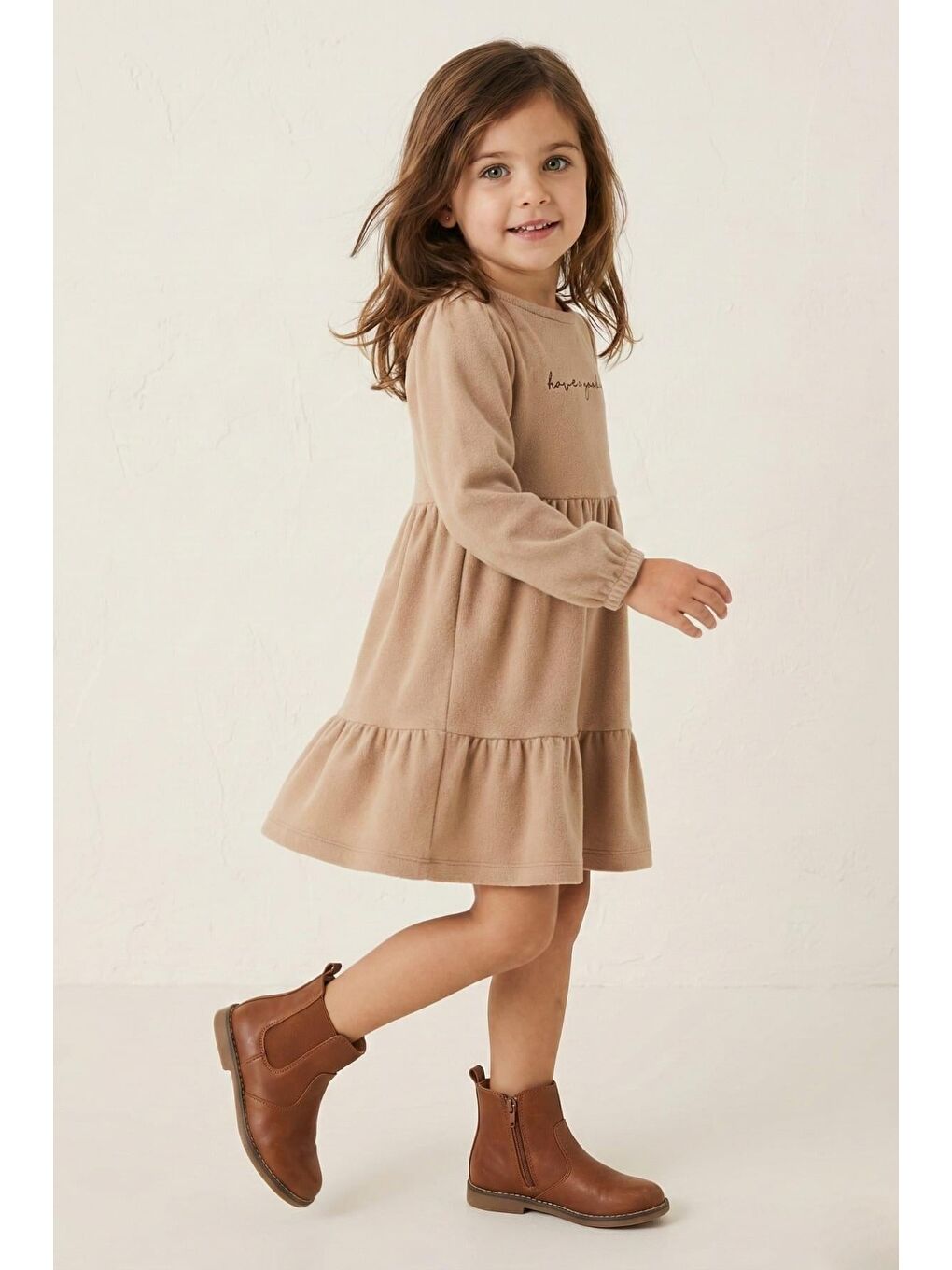 Kız Çocuk Nakışlı Yumoş Elbise - Bej-1
