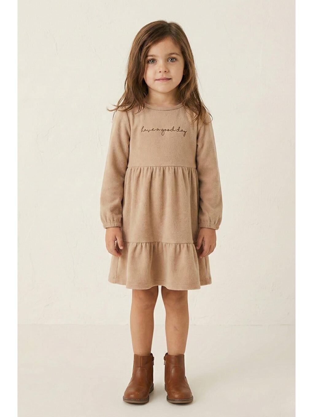 Kız Çocuk Nakışlı Yumoş Elbise - Bej-2