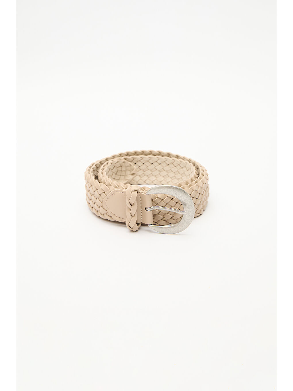 Örgü Deri Tokalı Kemer Bej-3