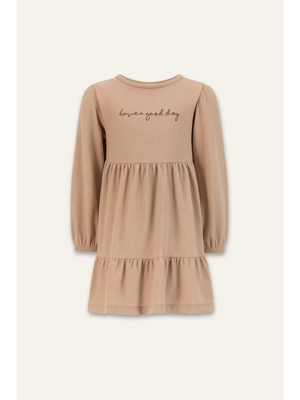 Kız Çocuk Nakışlı Yumoş Elbise - Bej-3