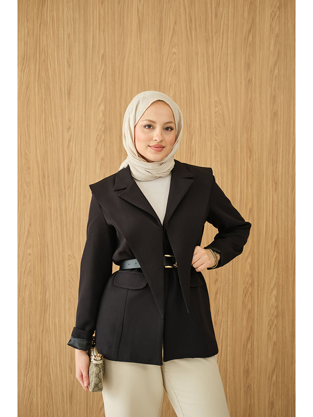 Kadın Kruvaze Yaka Cep Detay Ceket Siyah