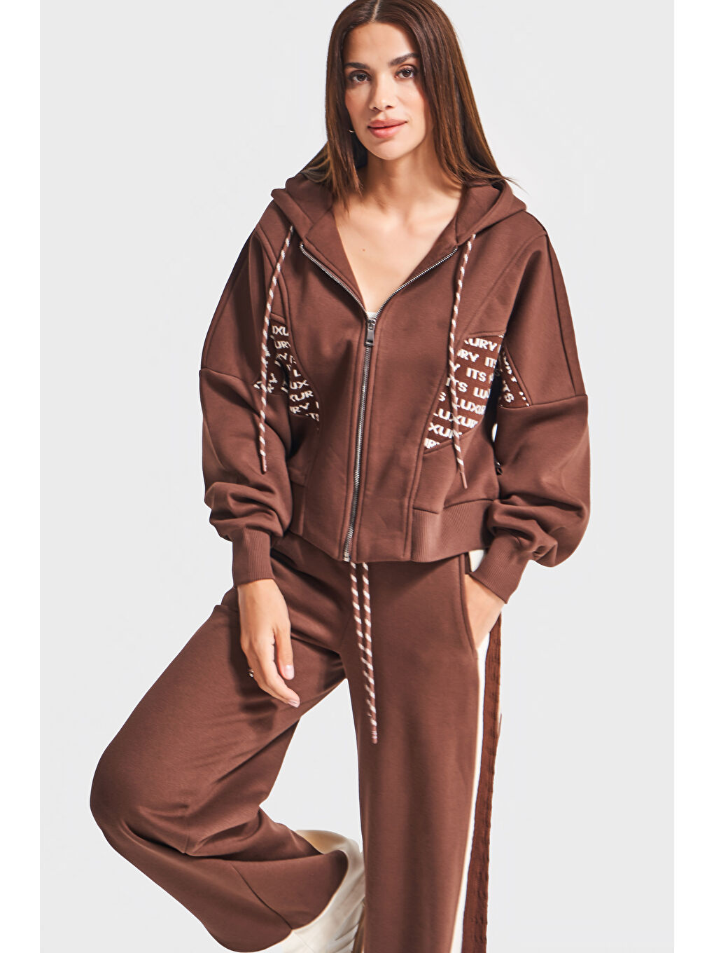 Kadın Kahverengi w5-16 Örme Kumaş Özel Tasarım Alt Üst 2'li Kombin Eşofman Takım-1