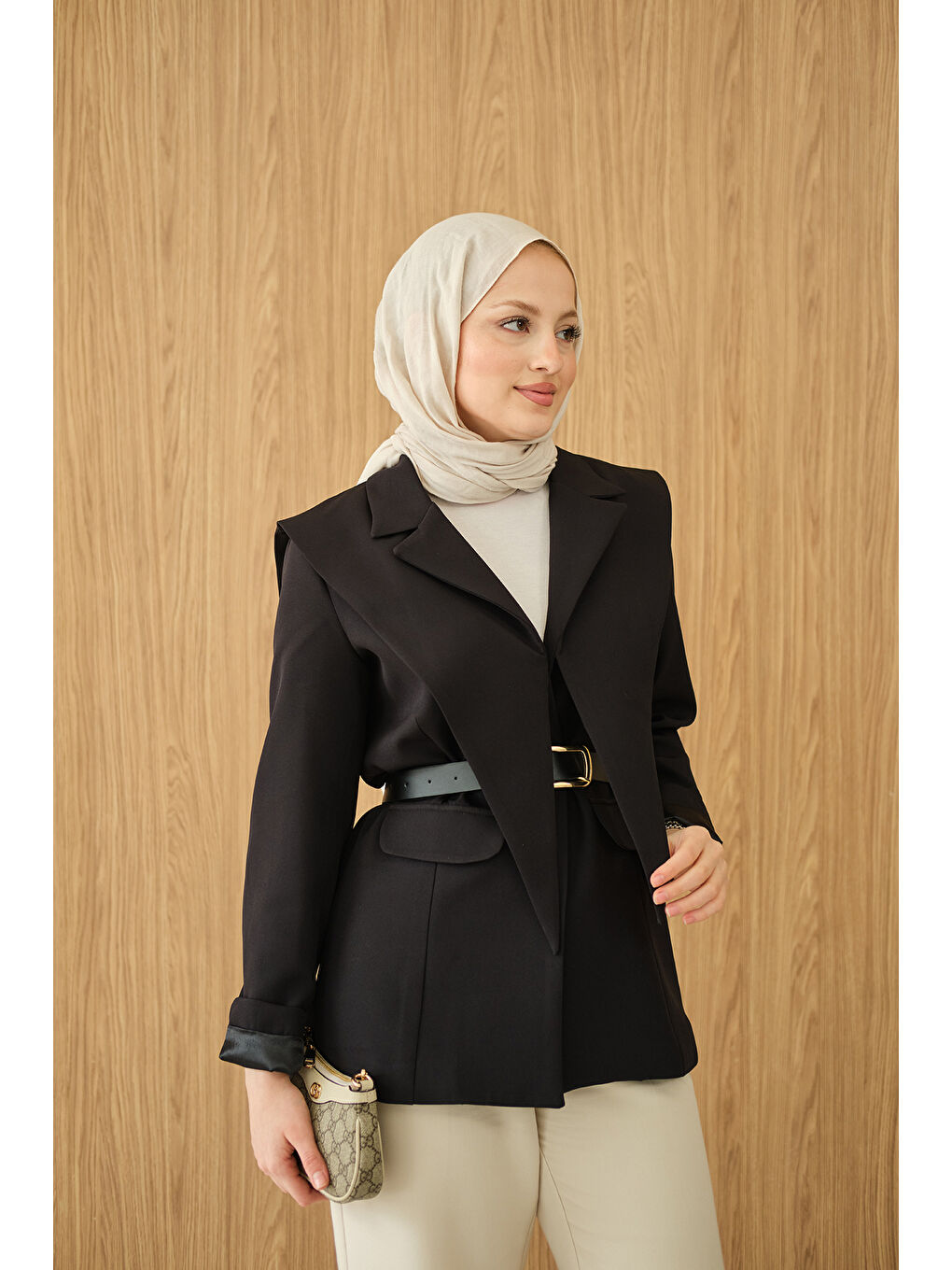 Kadın Kruvaze Yaka Cep Detay Ceket Siyah-1